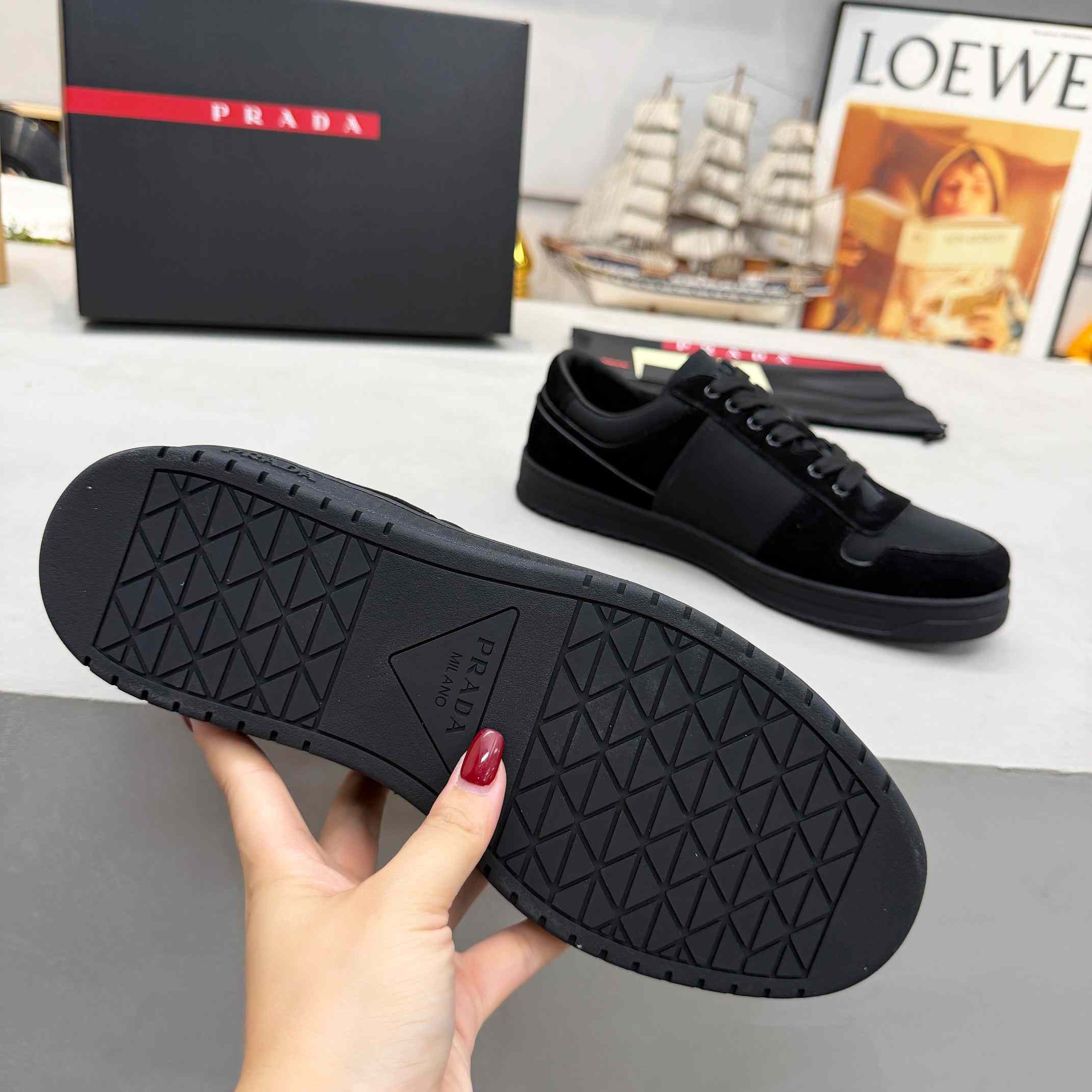 Prada Downtown Re-Nylon And Suede Sneakers - FashionPlug