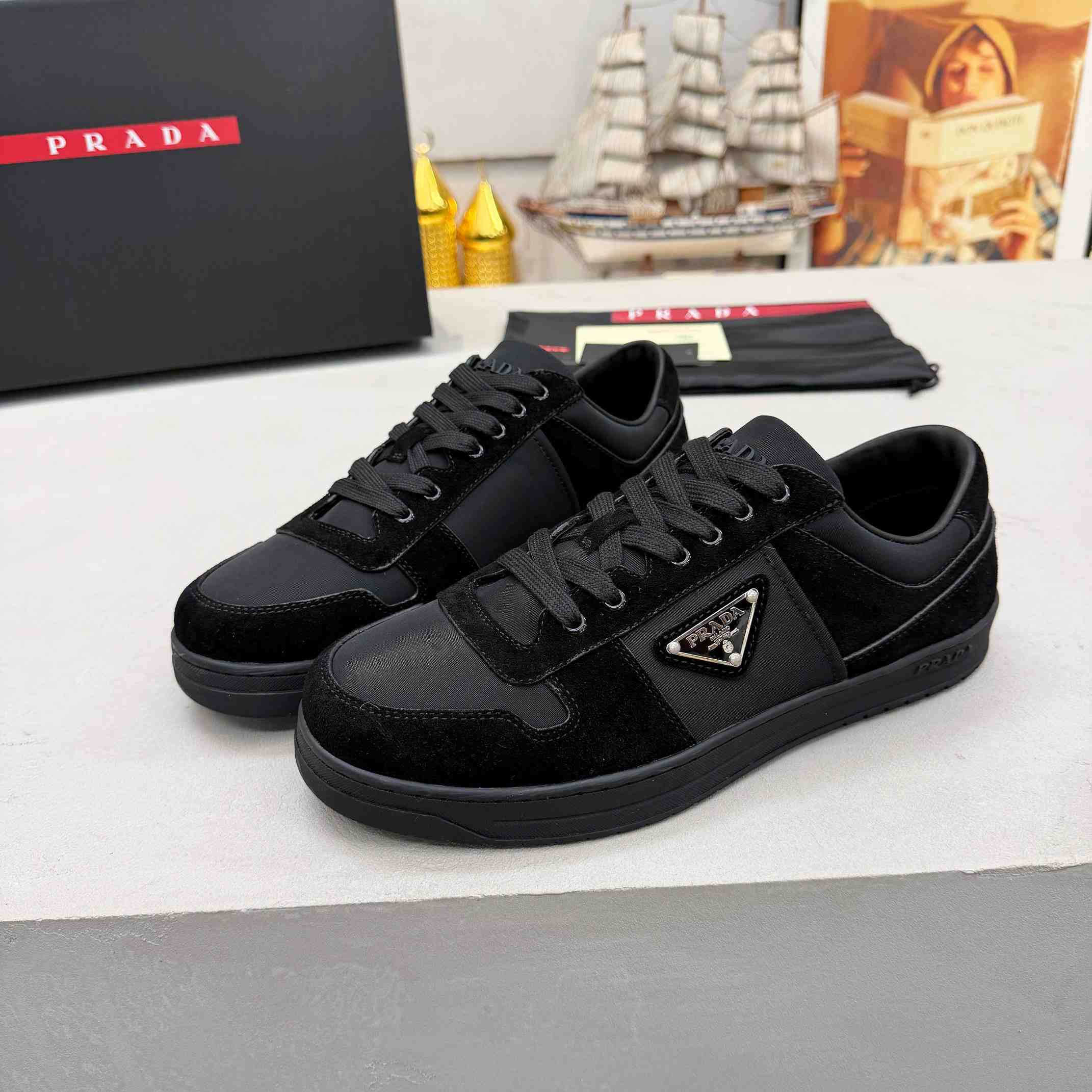 Prada Downtown Re-Nylon And Suede Sneakers - FashionPlug
