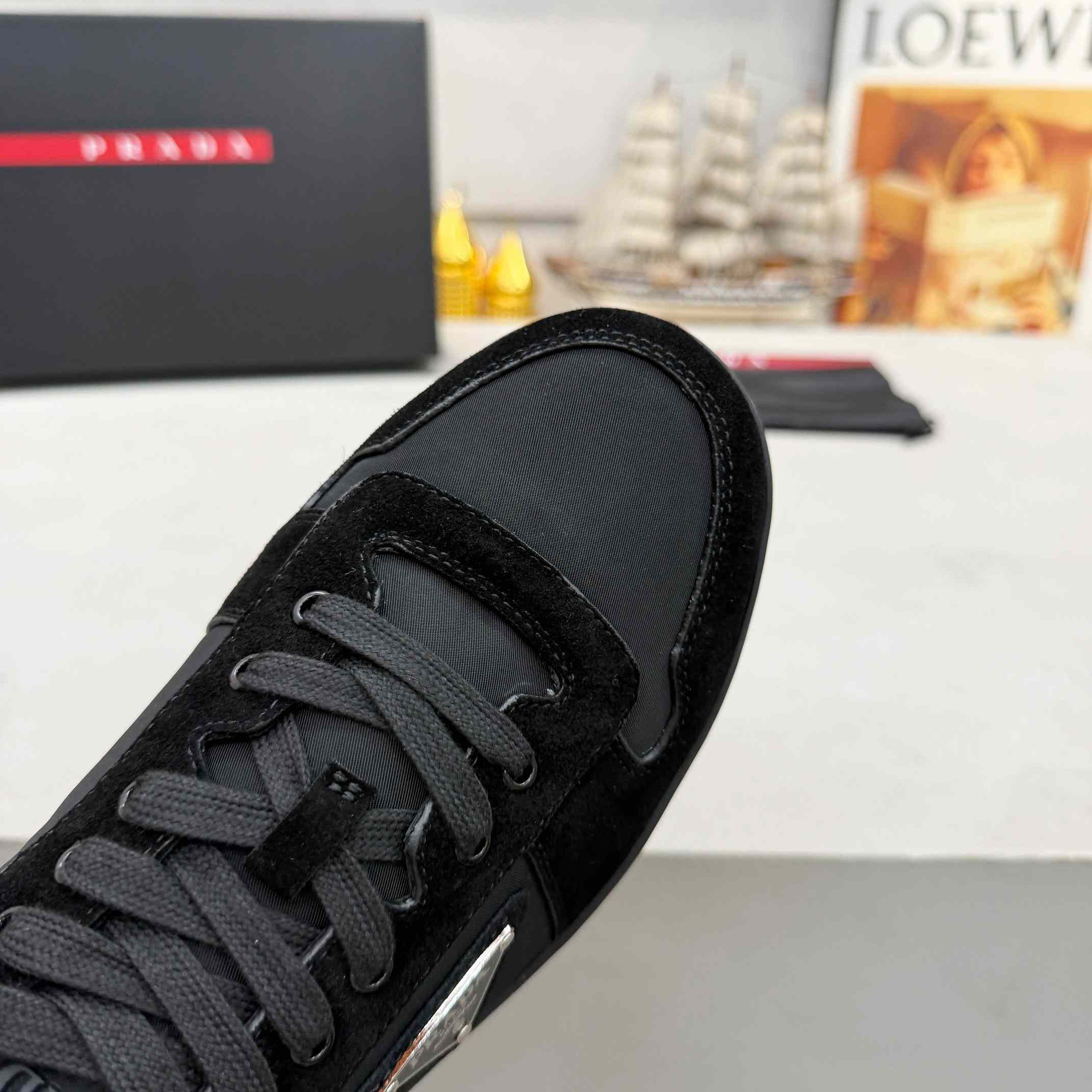Prada Downtown Re-Nylon And Suede Sneakers - FashionPlug