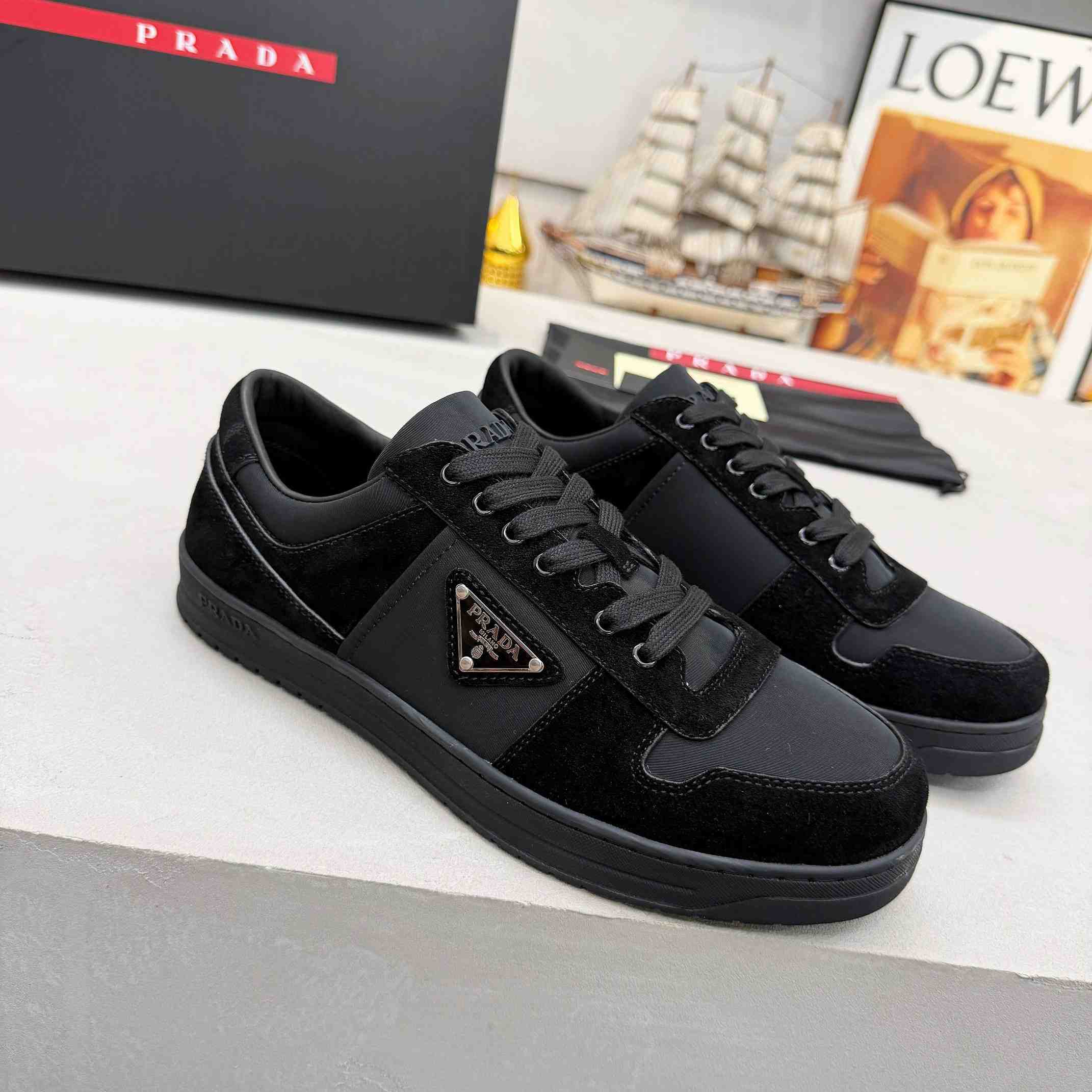 Prada Downtown Re-Nylon And Suede Sneakers - FashionPlug