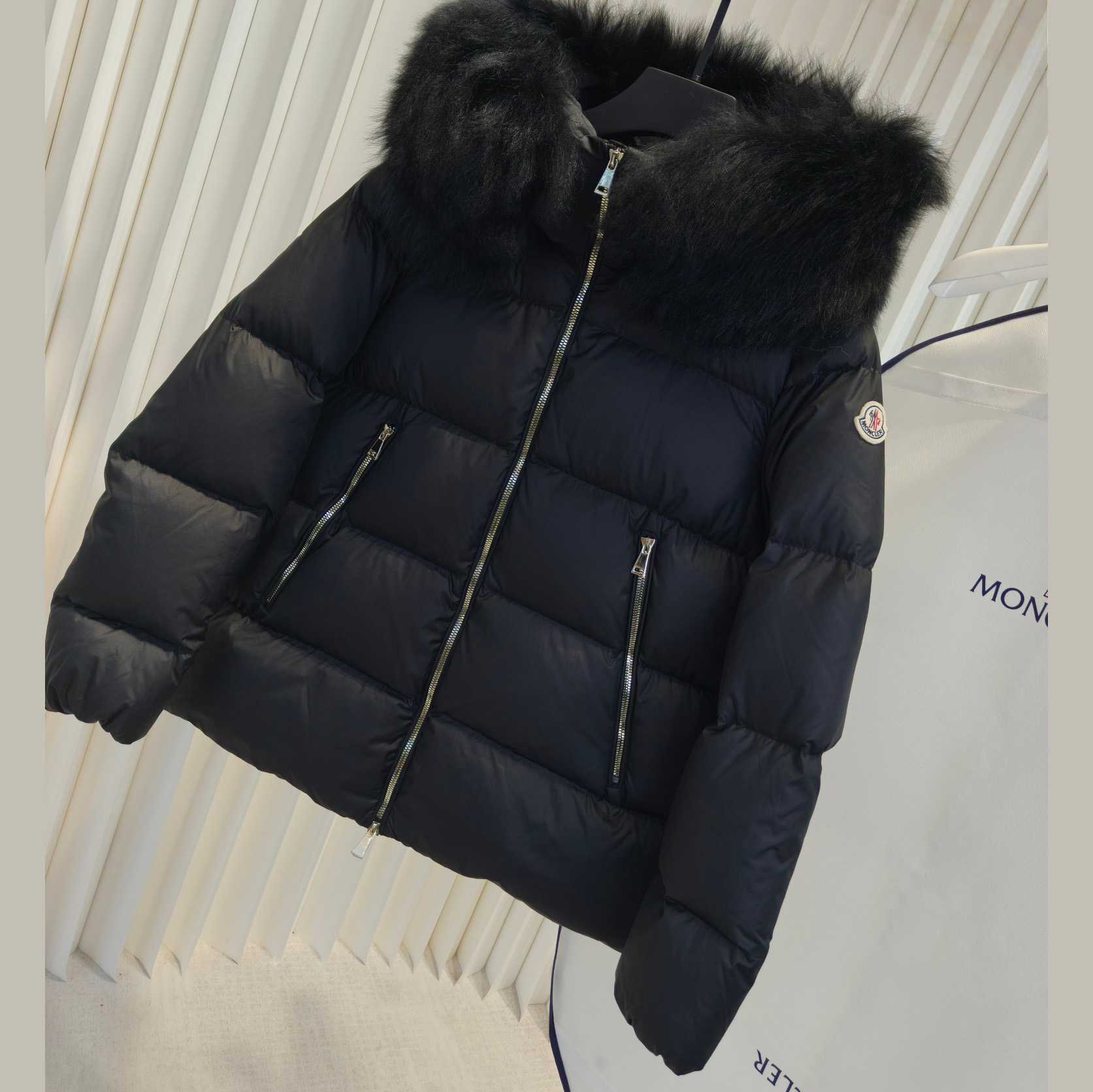 Moncler Laichefur Hooded Shearling-Trimmed Short Down Jacket - FashionPlug