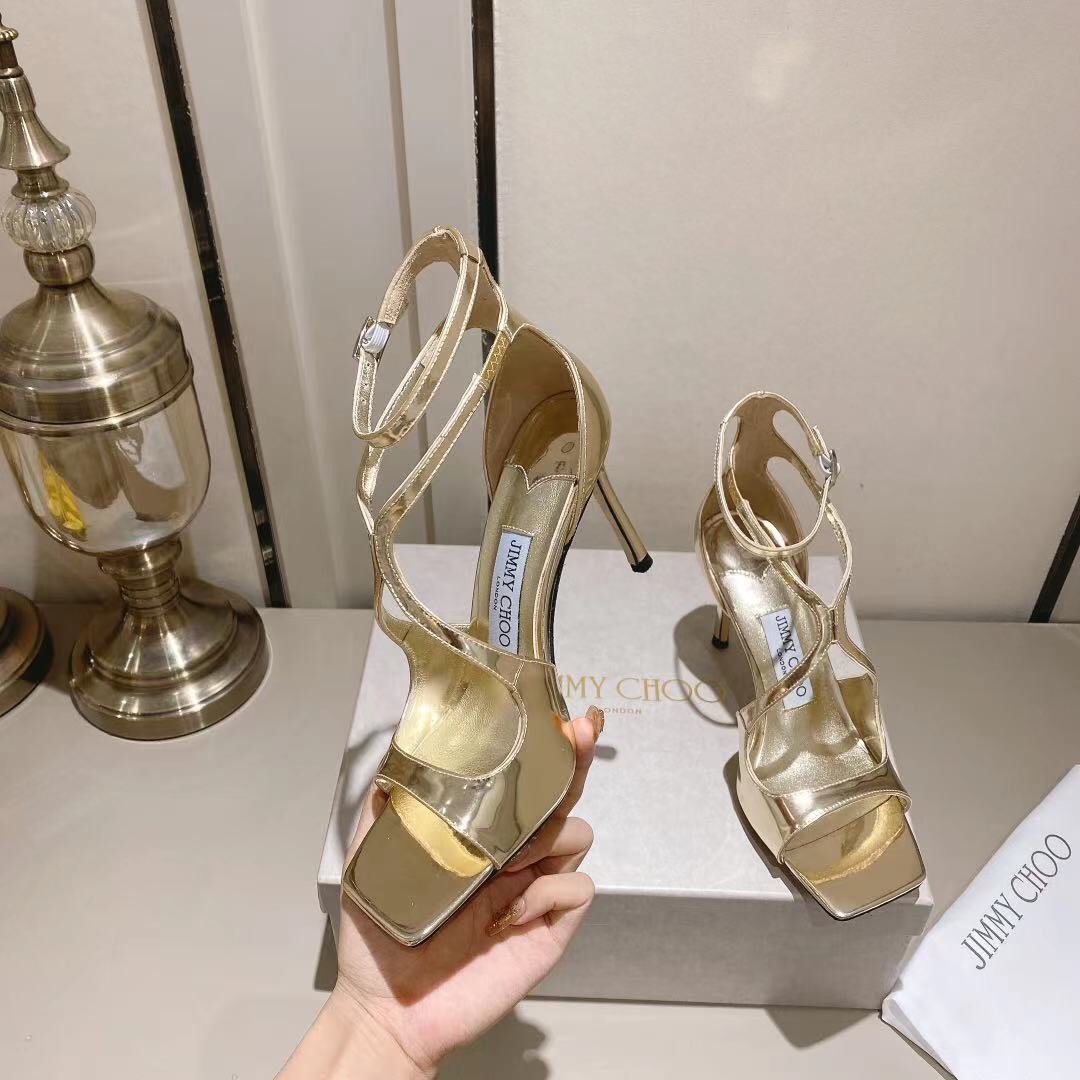 Jimmy Choo Gold Liquid Metal Leather Sandals  - FashionPlug