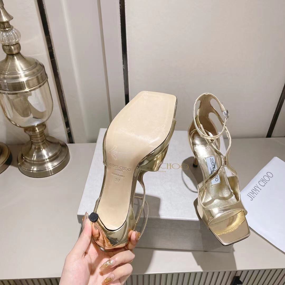 Jimmy Choo Gold Liquid Metal Leather Sandals  - FashionPlug