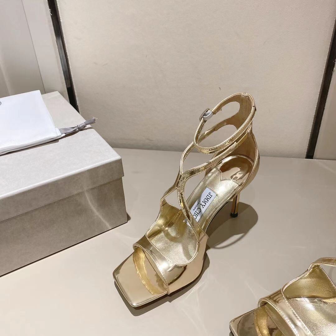 Jimmy Choo Gold Liquid Metal Leather Sandals  - FashionPlug