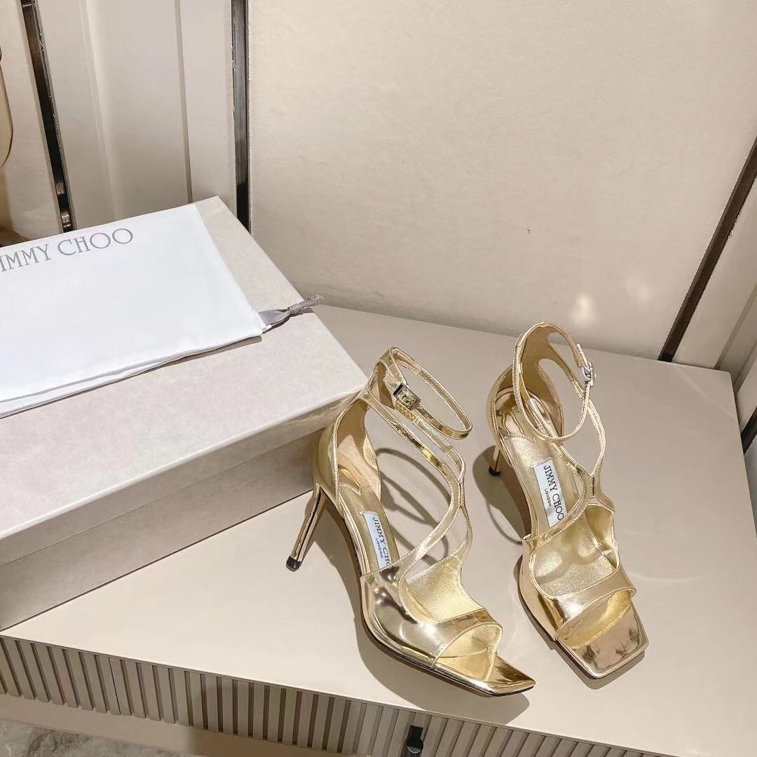 Jimmy Choo Gold Liquid Metal Leather Sandals  - FashionPlug