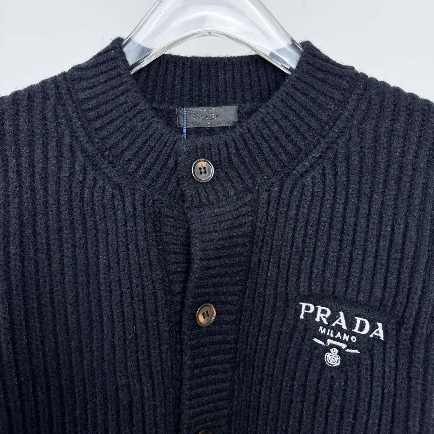 Prada Cashgora Ribbed-Knit Cardigan - FashionPlug