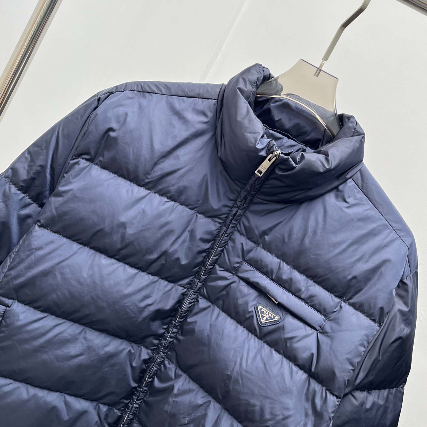 Prada Re-nylon Down Jacket In Navy Blue - FashionPlug