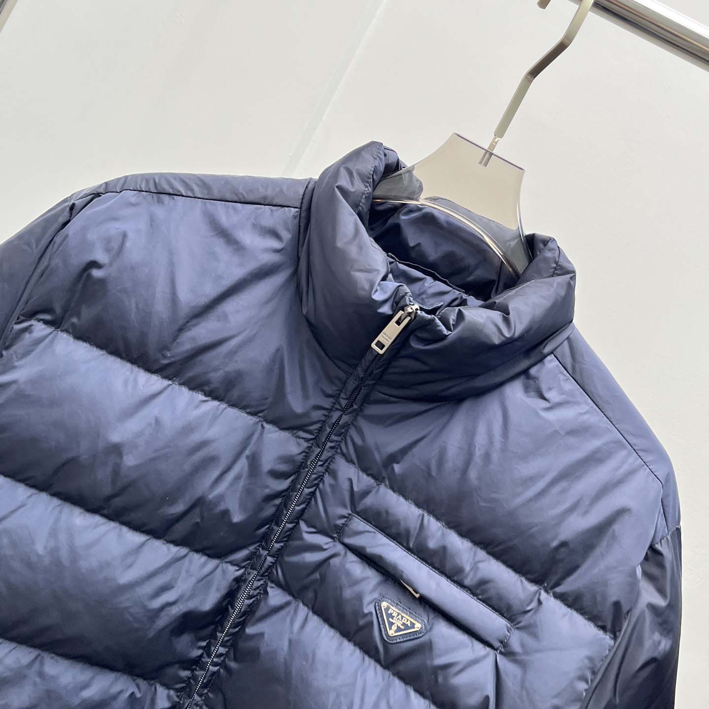 Prada Re-nylon Down Jacket In Navy Blue - FashionPlug