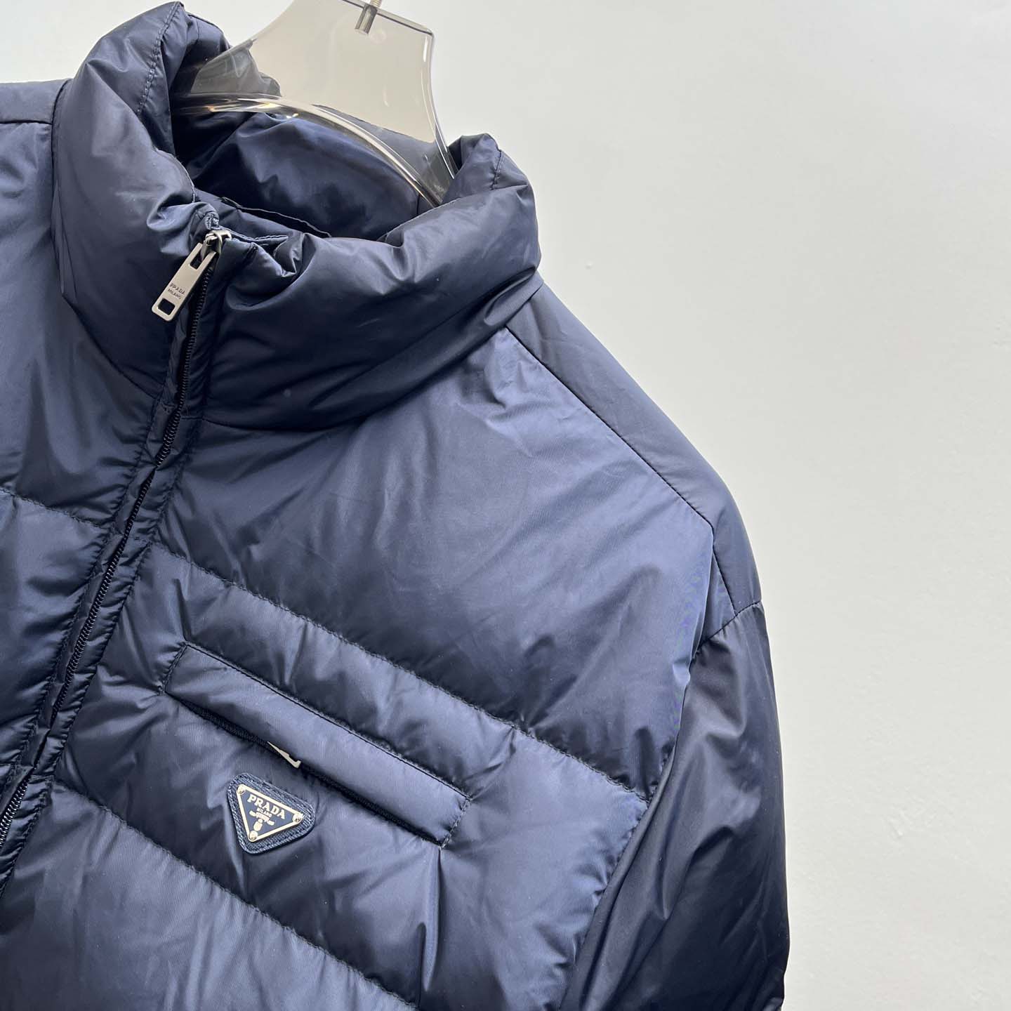 Prada Re-nylon Down Jacket In Navy Blue - FashionPlug