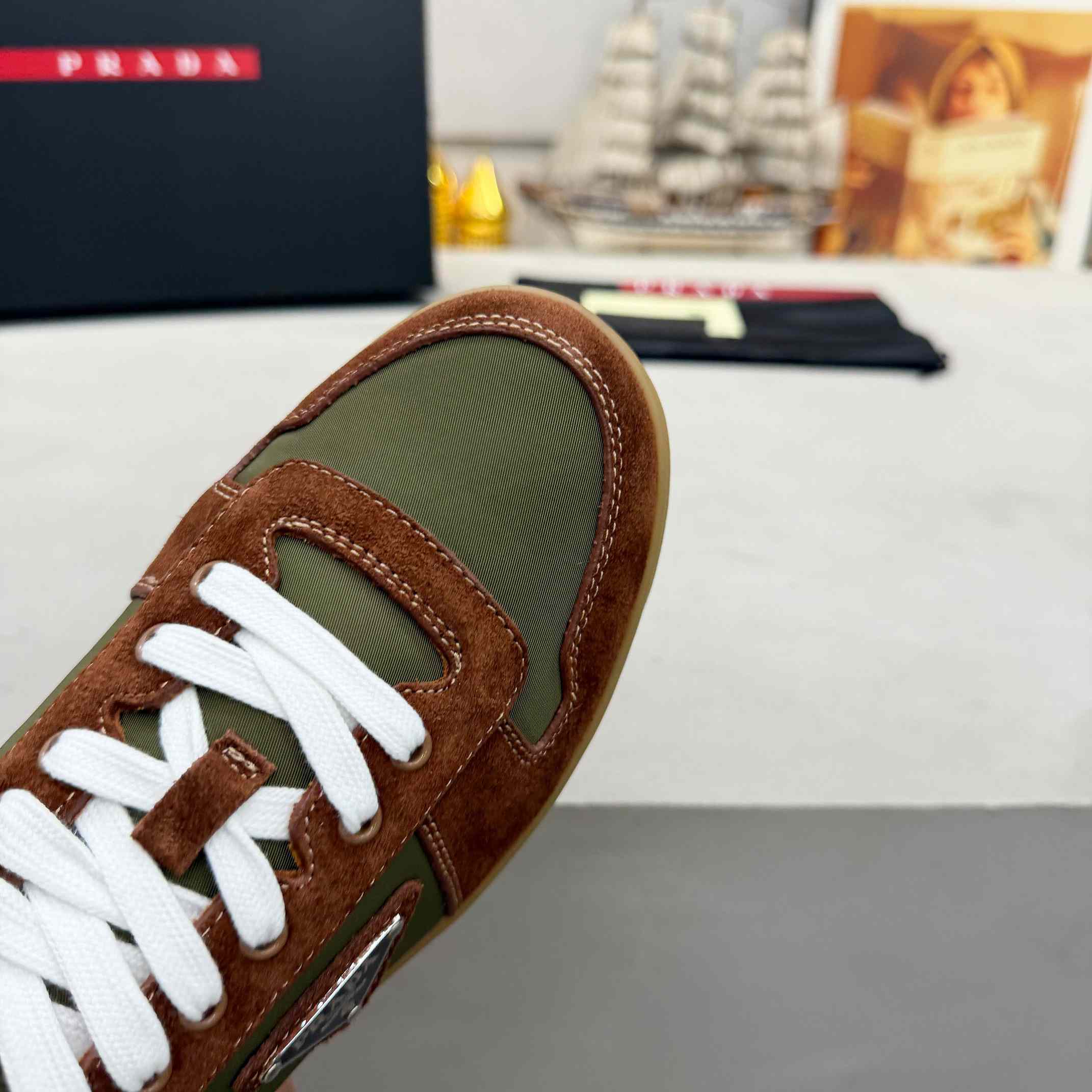 Prada Downtown Re-Nylon And Suede Sneakers - FashionPlug