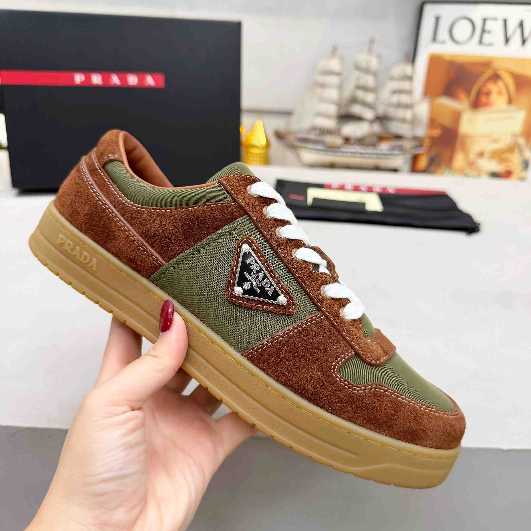 Prada Downtown Re-Nylon And Suede Sneakers - FashionPlug