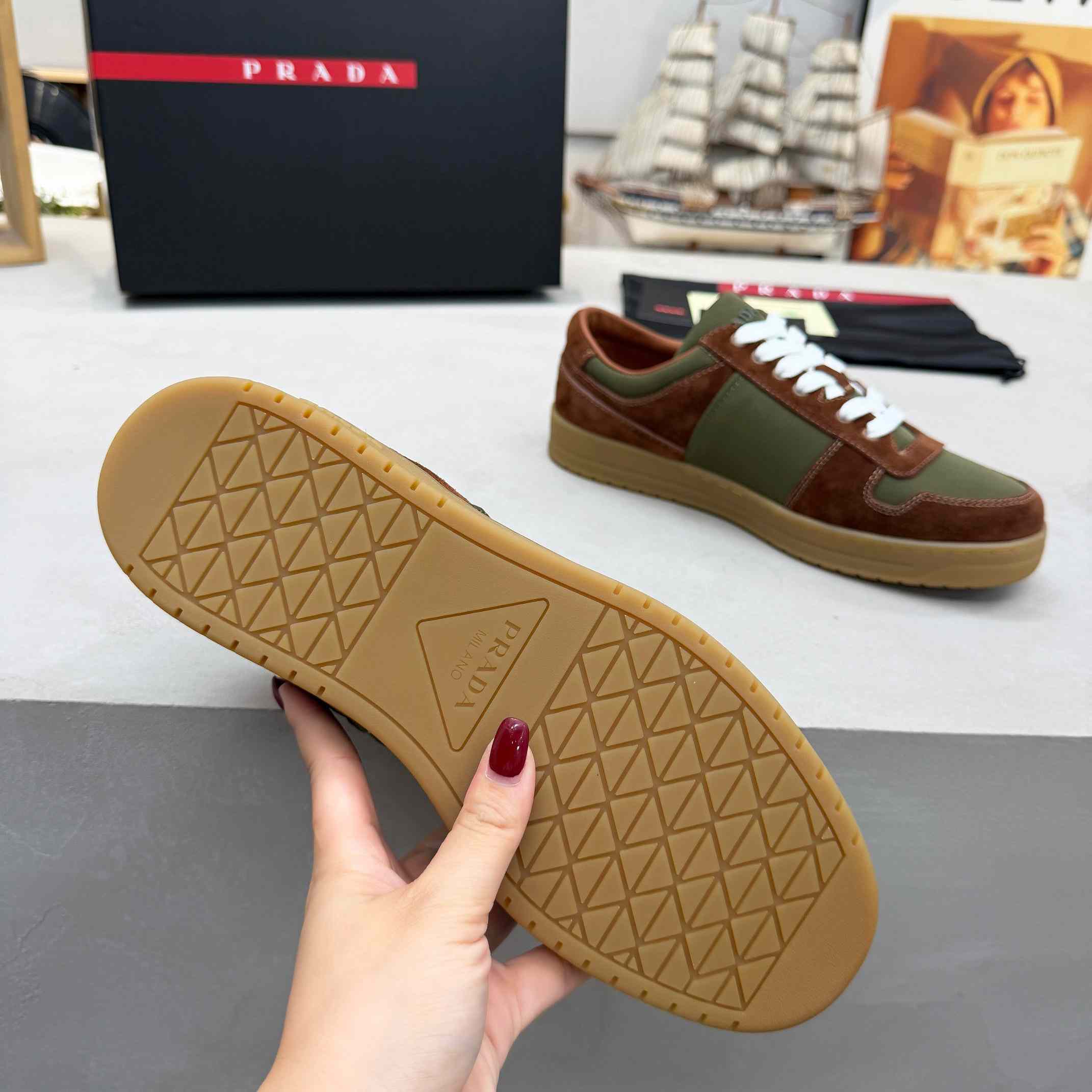 Prada Downtown Re-Nylon And Suede Sneakers - FashionPlug