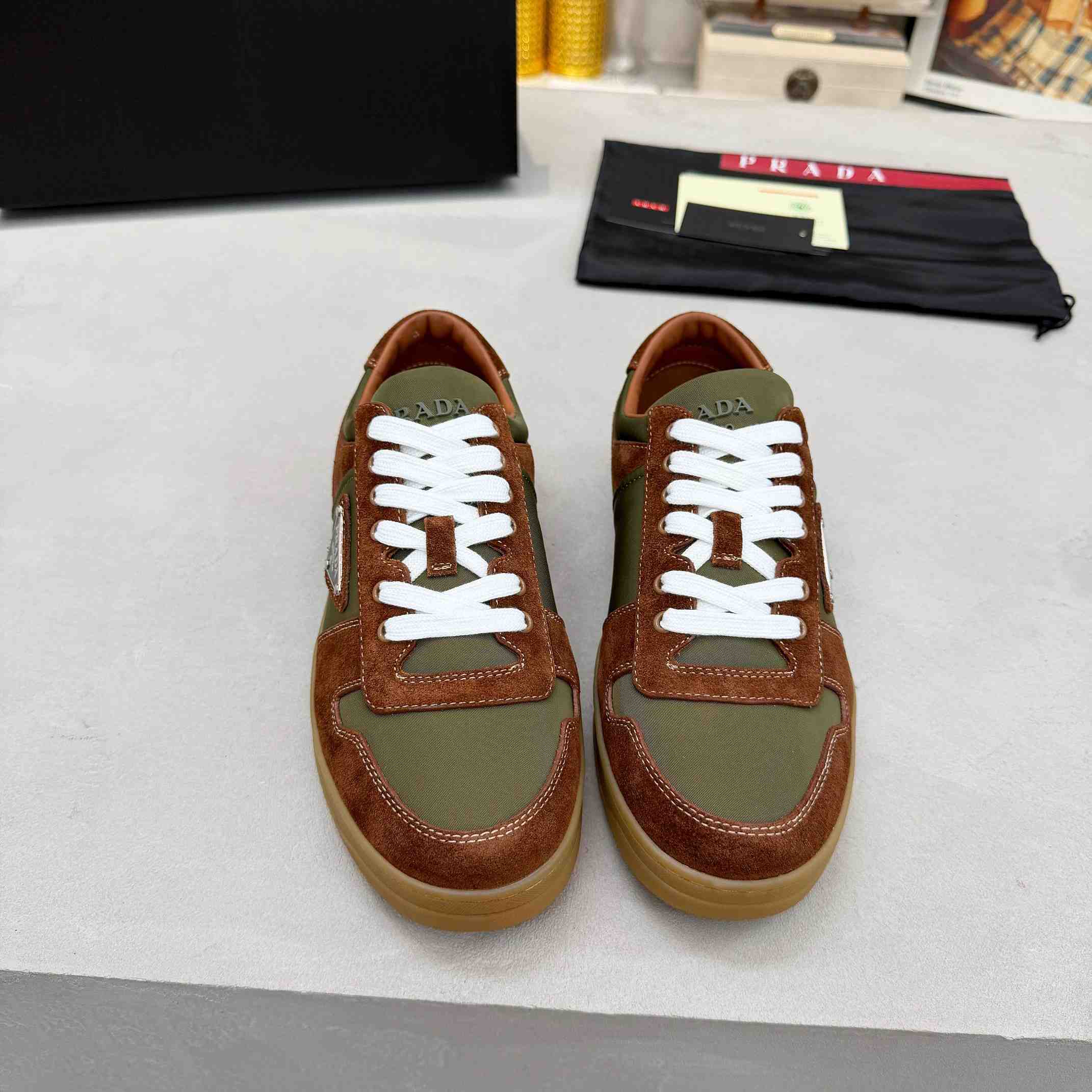 Prada Downtown Re-Nylon And Suede Sneakers - FashionPlug