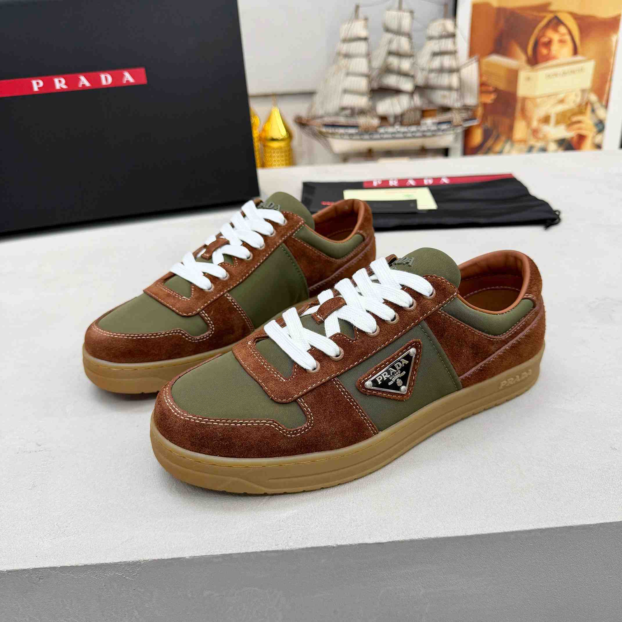 Prada Downtown Re-Nylon And Suede Sneakers - FashionPlug