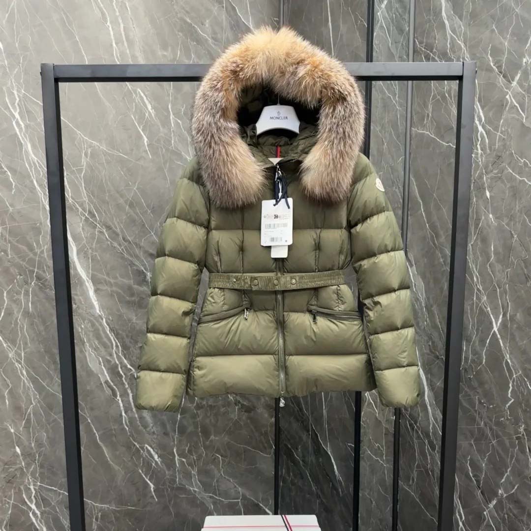 Moncler Belted Puffer Jacket With A Fur-trimmed Hood - FashionPlug