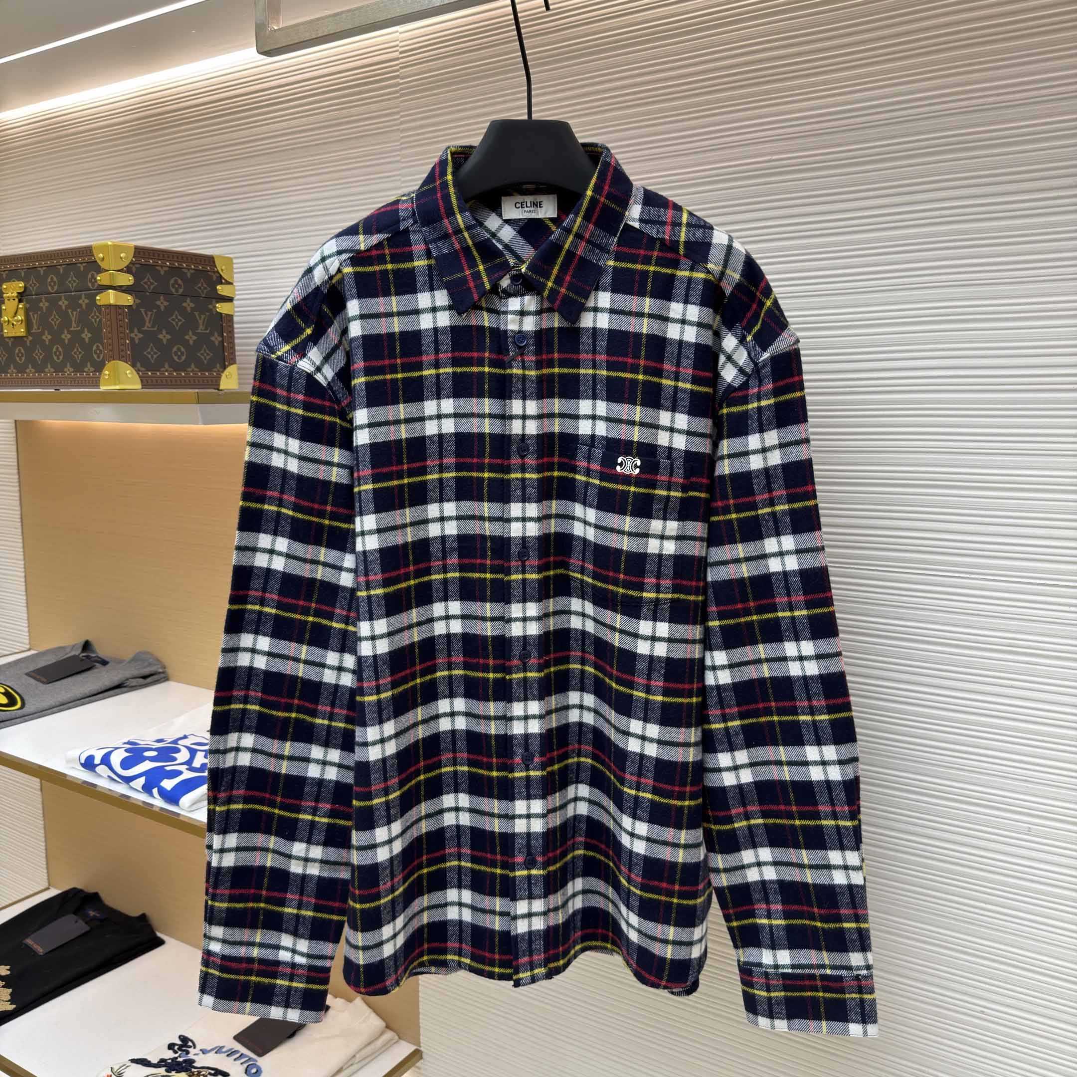 Celine Relaxed Shirt In Brushed Checked Wool - FashionPlug