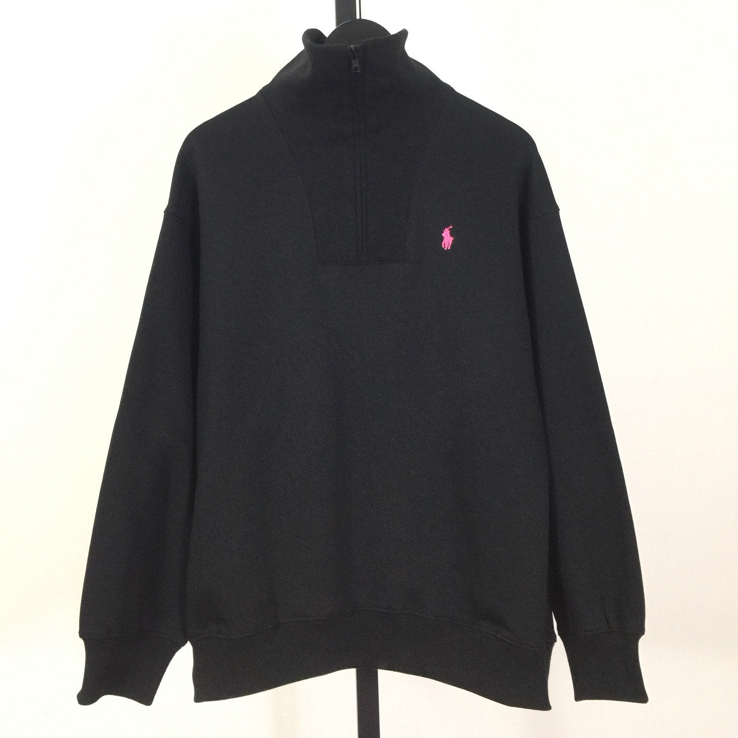 Polo Ralph Lauren black cotton-blend fleece quarter-zip sweater with a pink embroidered Pony logo - FashionPlug