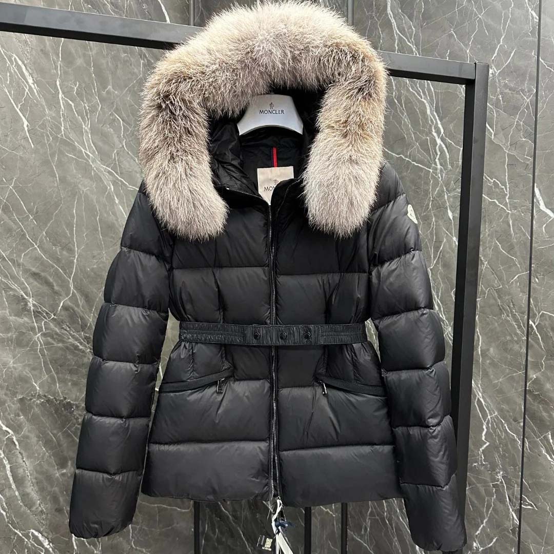 Moncler Belted Puffer Jacket With A Fur-trimmed Hood - FashionPlug
