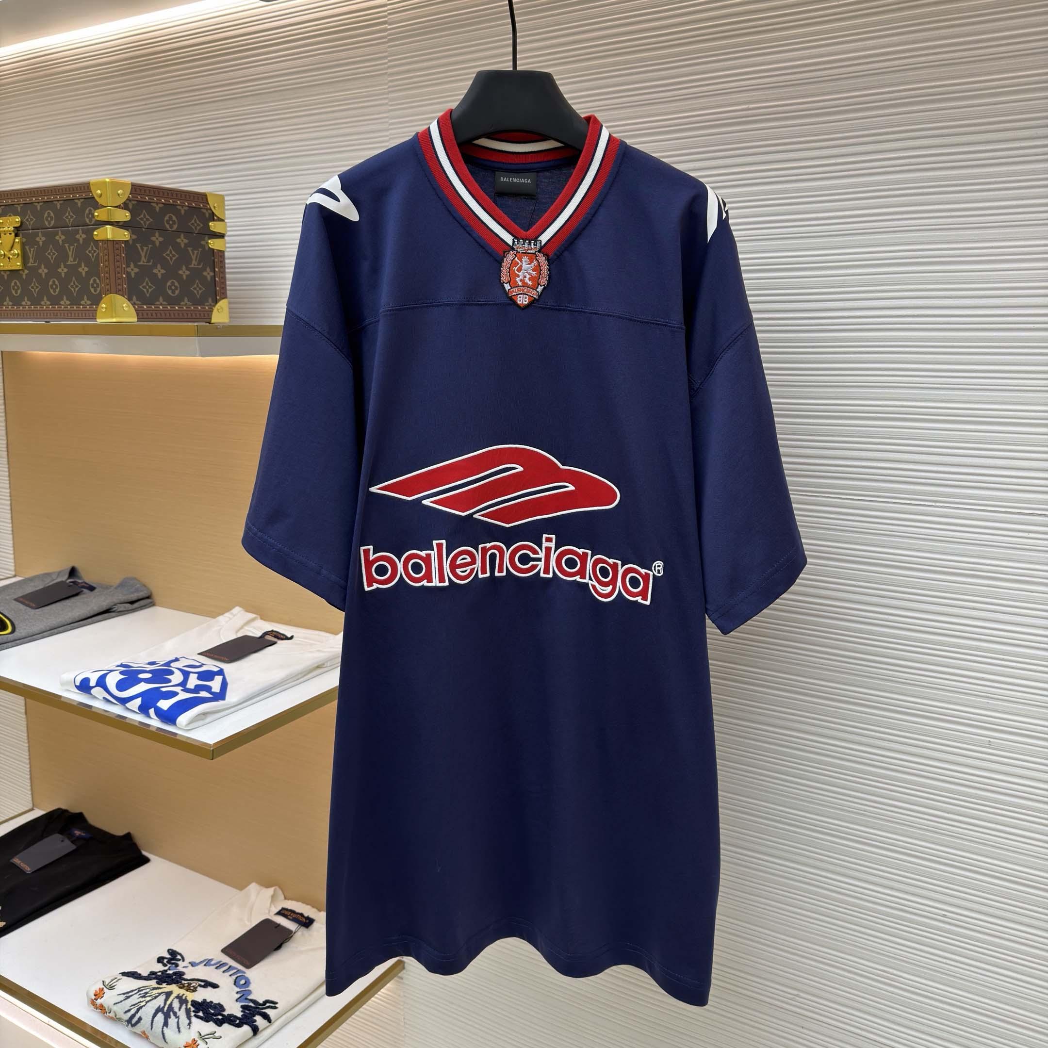 Balenciaga B Football V-Neck T-Shirt Oversized In Dark Navy - FashionPlug