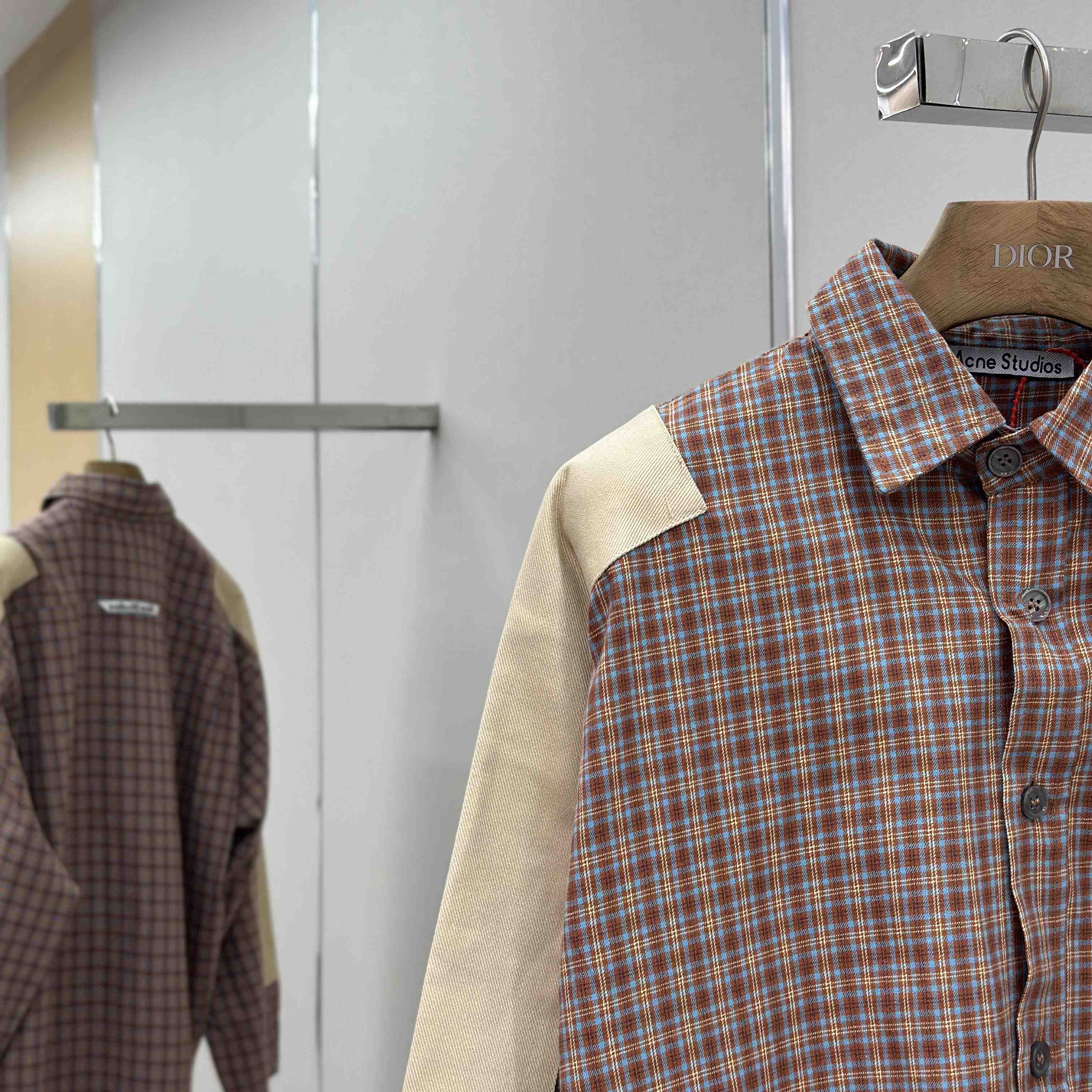 Acne Studios Brown Relaxed Checked Flannel Shirt with Striped Arm Panel - FashionPlug