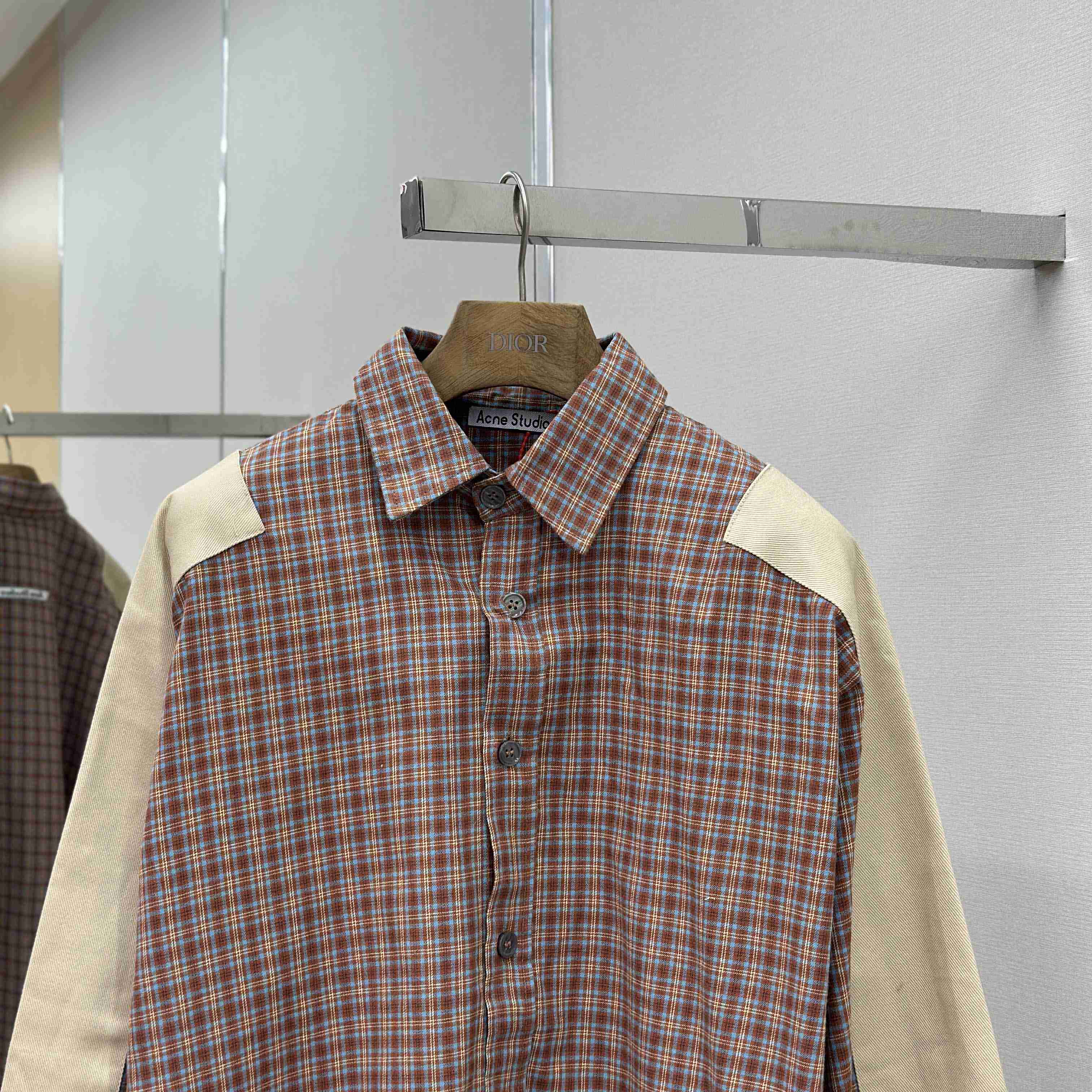 Acne Studios Brown Relaxed Checked Flannel Shirt with Striped Arm Panel - FashionPlug