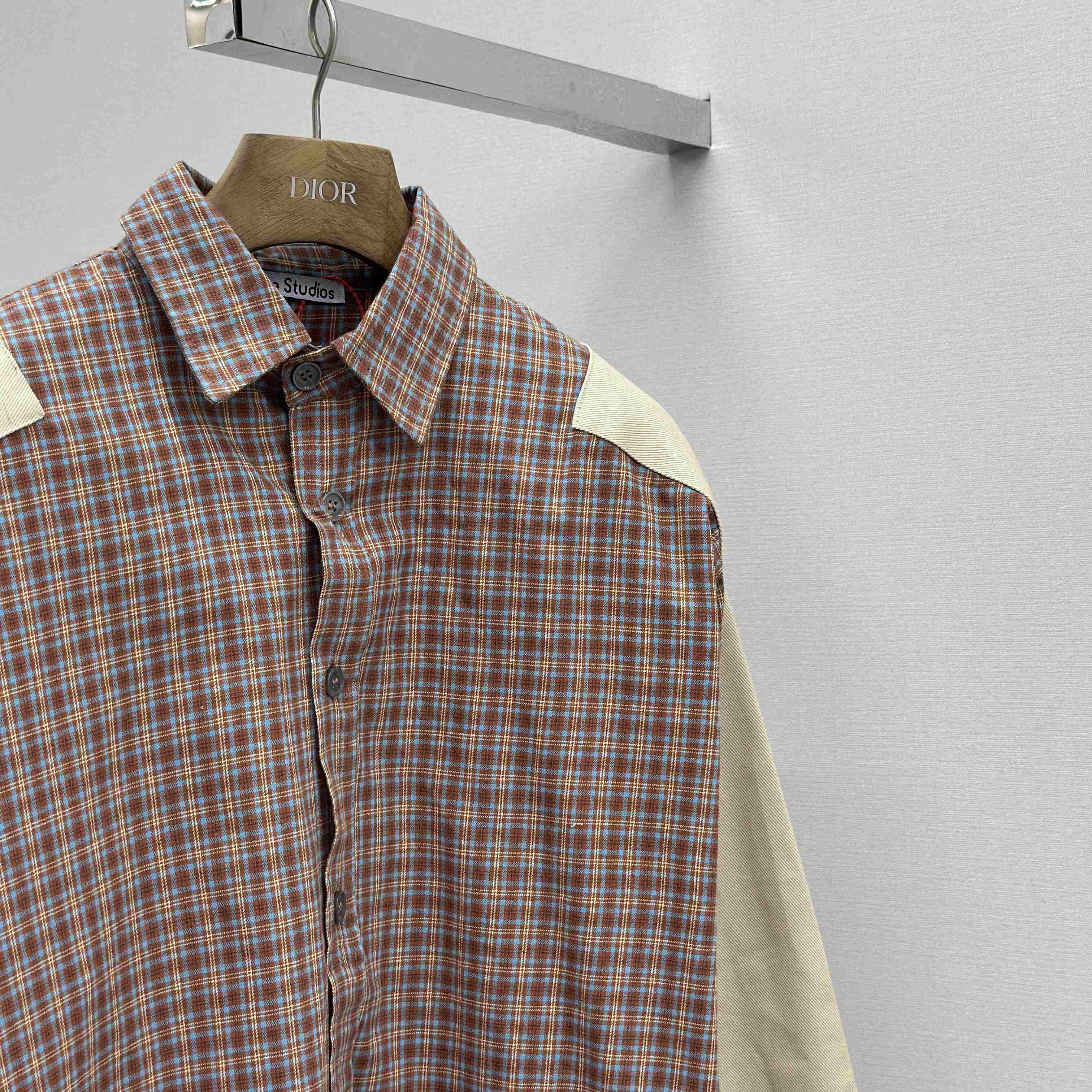 Acne Studios Brown Relaxed Checked Flannel Shirt with Striped Arm Panel - FashionPlug