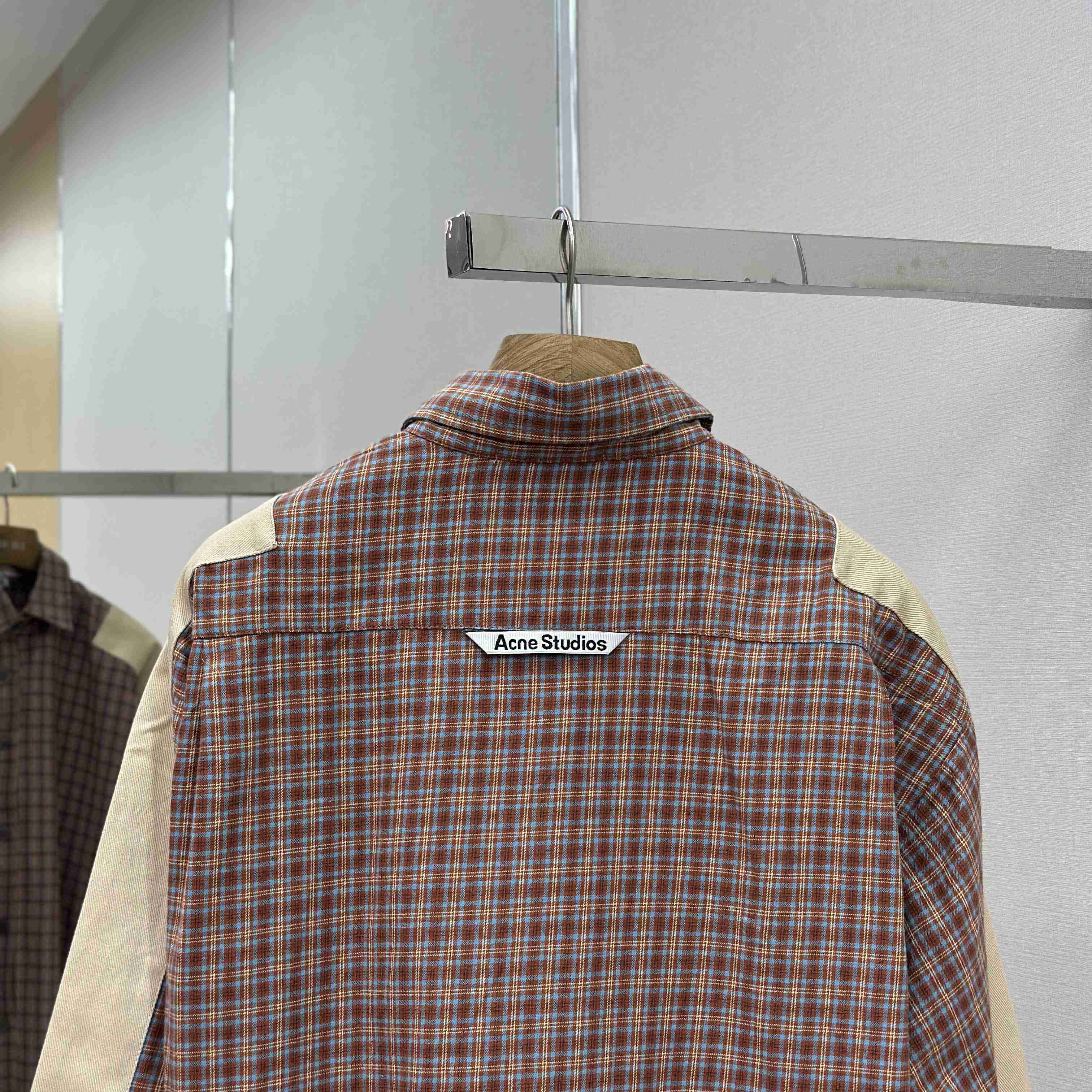 Acne Studios Brown Relaxed Checked Flannel Shirt with Striped Arm Panel - FashionPlug
