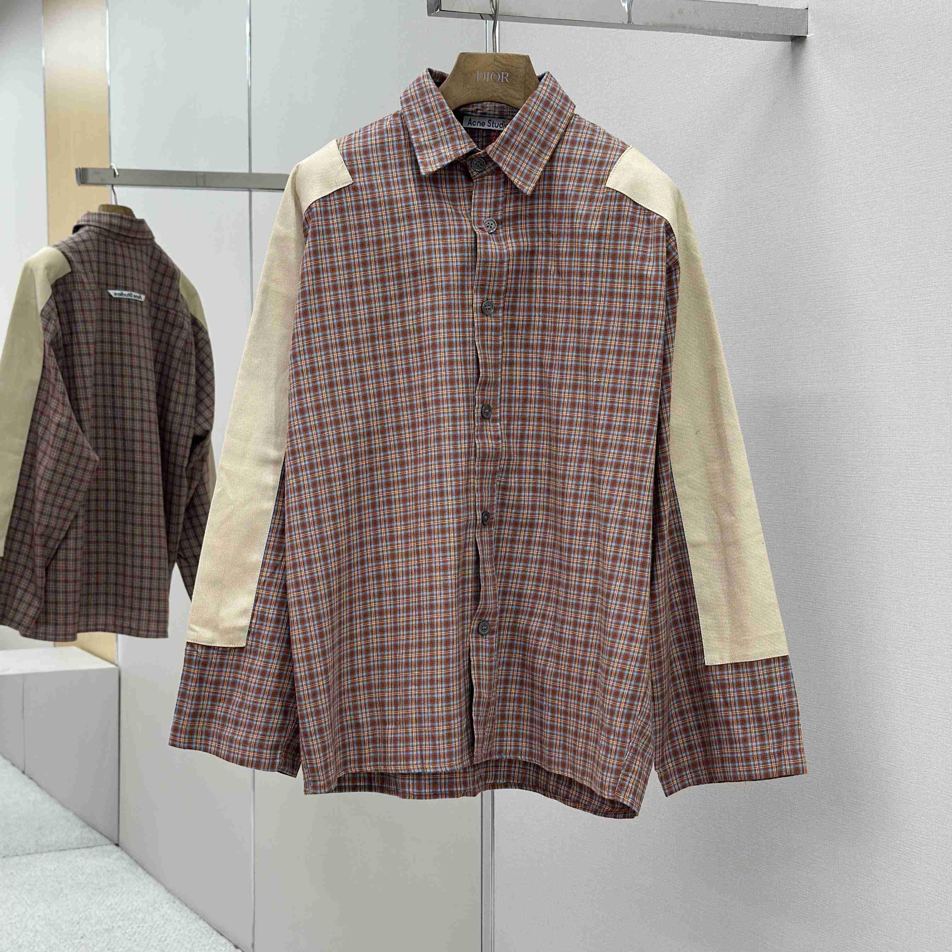Acne Studios Brown Relaxed Checked Flannel Shirt with Striped Arm Panel - FashionPlug