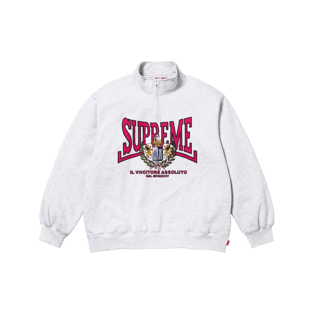Supreme Crest Appliqué Half Zip Pullover 'Ash Grey' - FashionPlug