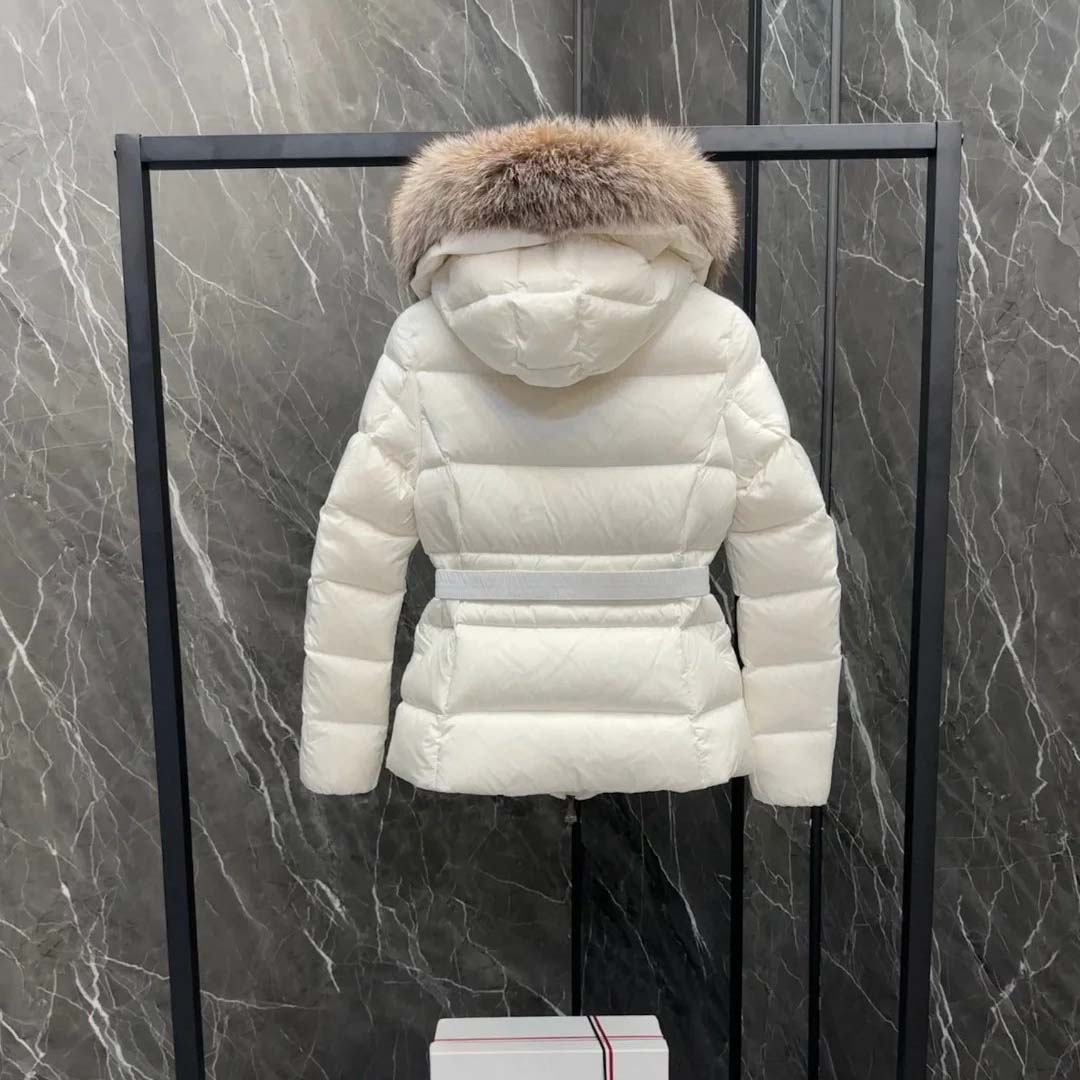 Moncler Belted Puffer Jacket With A Fur-trimmed Hood - FashionPlug