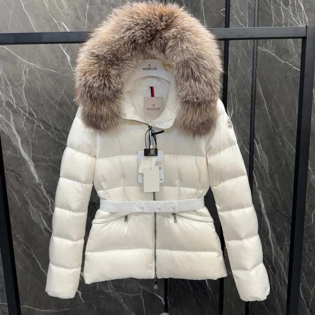 Moncler Belted Puffer Jacket With A Fur-trimmed Hood - FashionPlug