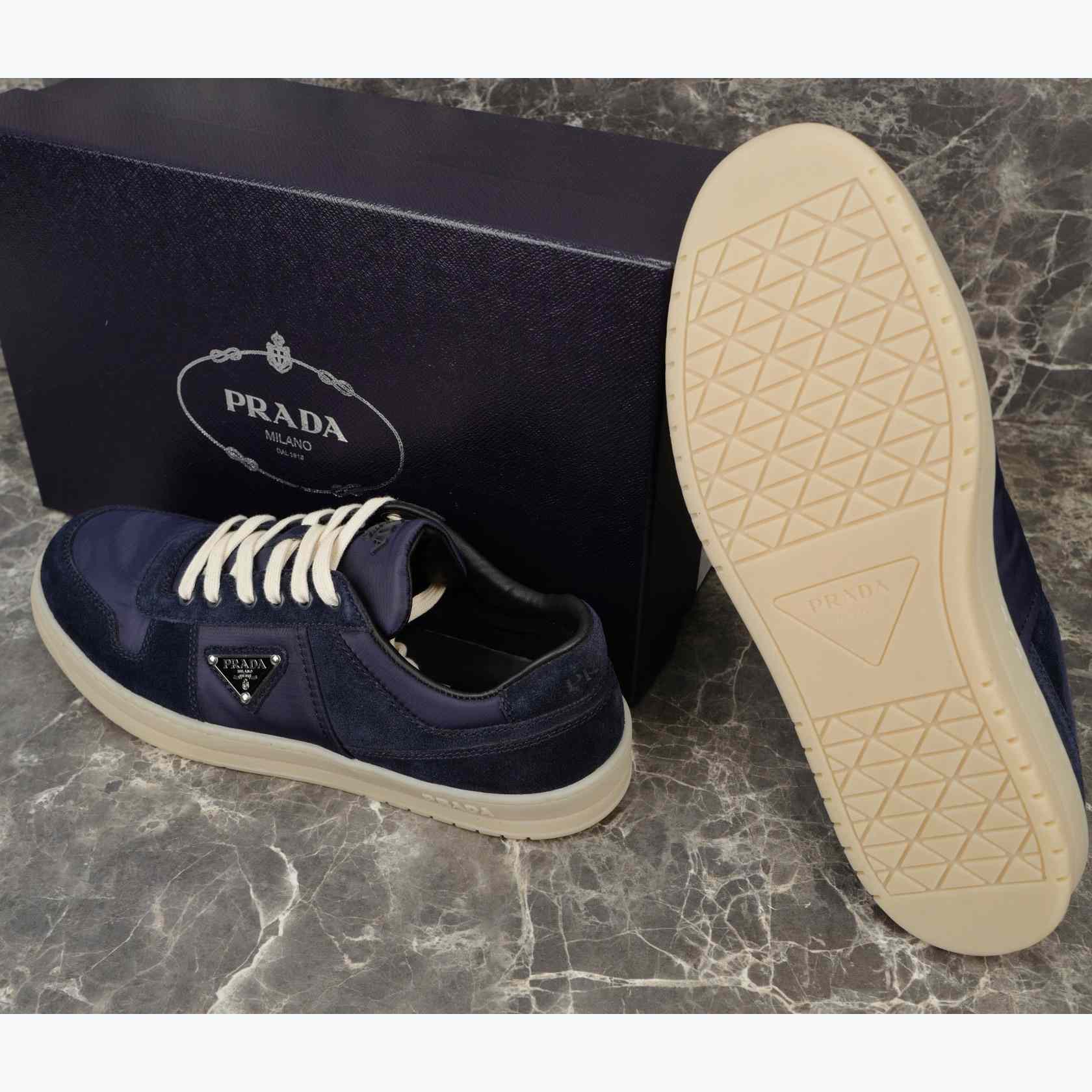 Prada Downtown Re-Nylon And Suede Sneakers - FashionPlug