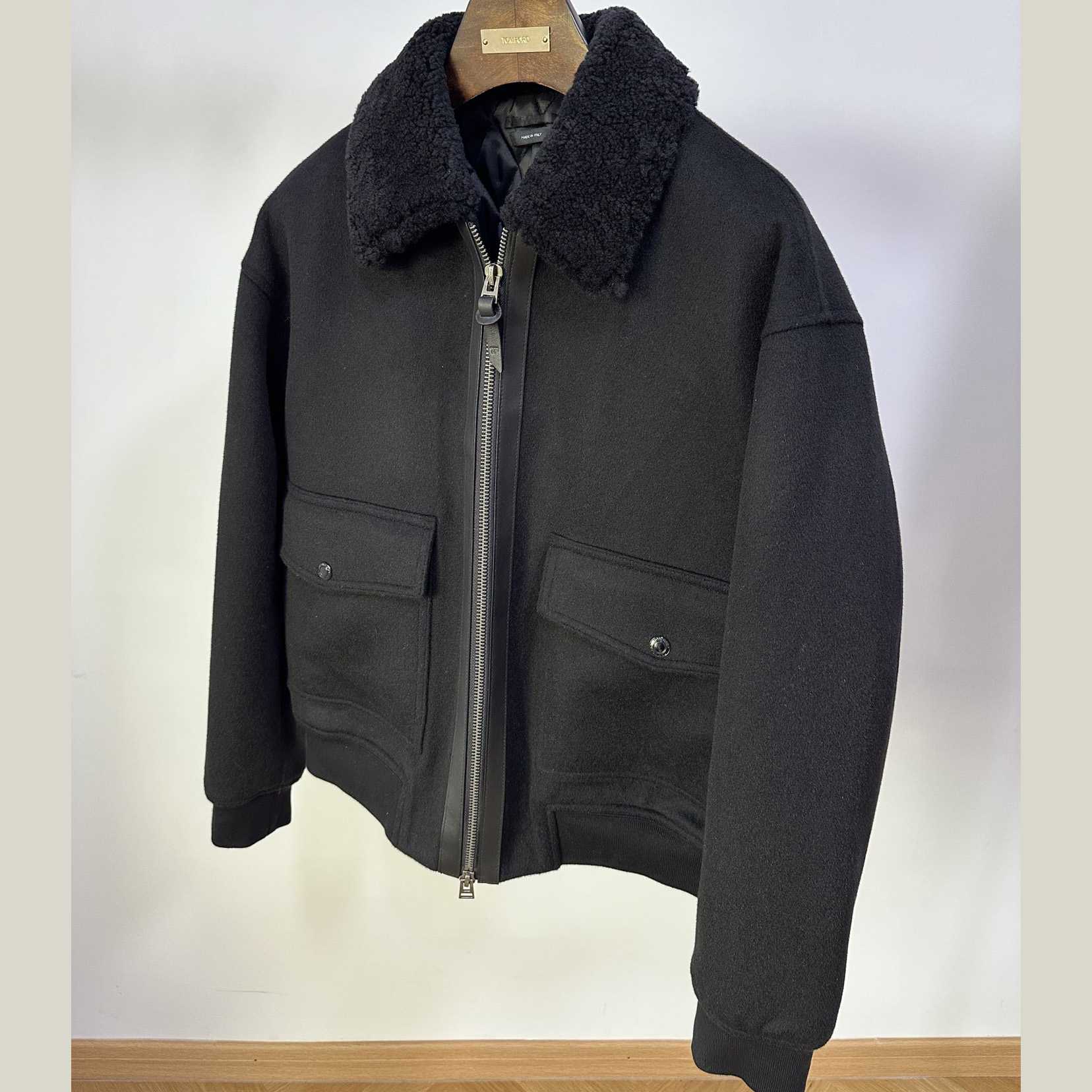 Tom Ford Black Shearling And Leather-trimmed Wool-blend Bomber Jacket - FashionPlug