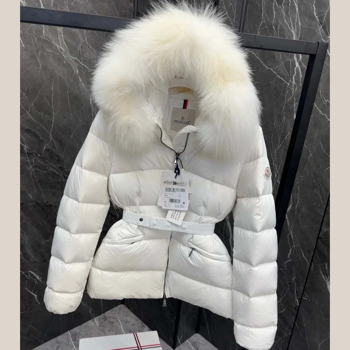 Moncler Belted Puffer Jacket With A Fur-trimmed Hood - FashionPlug