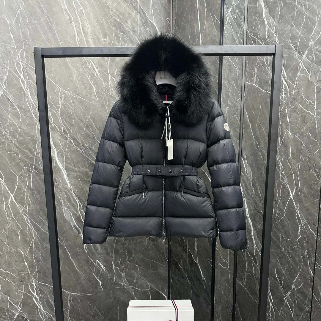 Moncler Belted Puffer Jacket With A Fur-trimmed Hood - FashionPlug