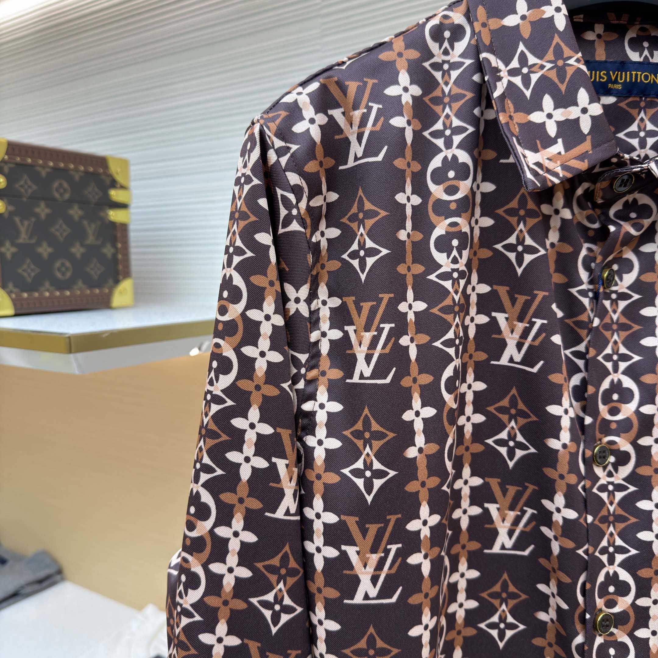 Louis Vuitton Monogram Printed Long-Sleeved Silk Shirt   1AJUOR - FashionPlug