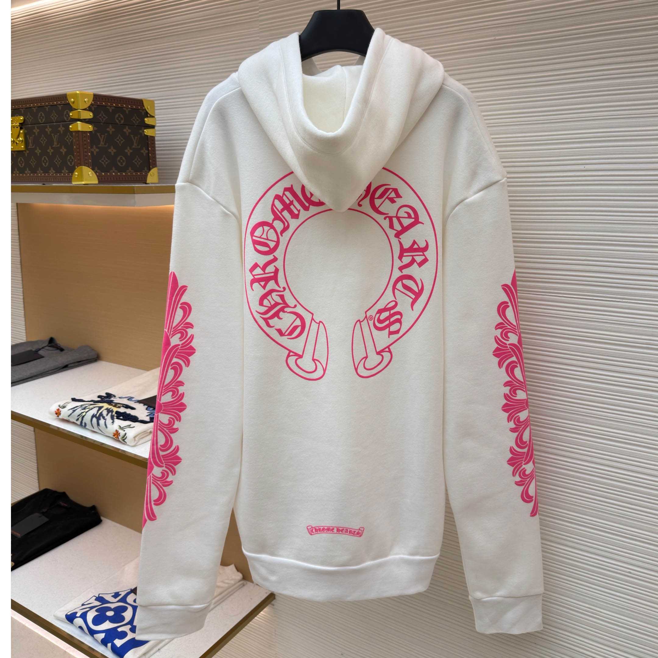 Chrome Hearts Pink Horseshoe Floral Sleeve Pullover Hoodie - FashionPlug