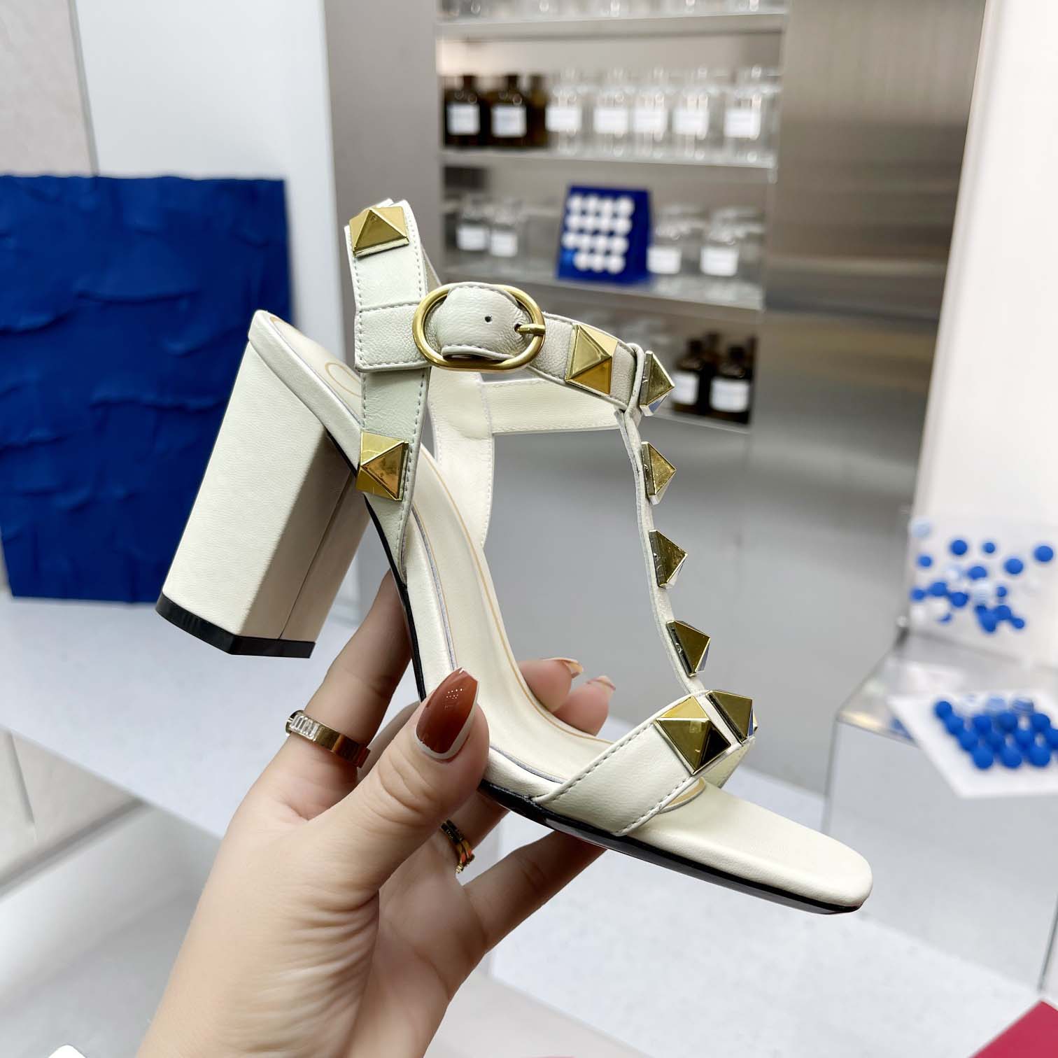 Valent Garavani Roman Stud Leather Ankle Strap Sandal - FashionPlug