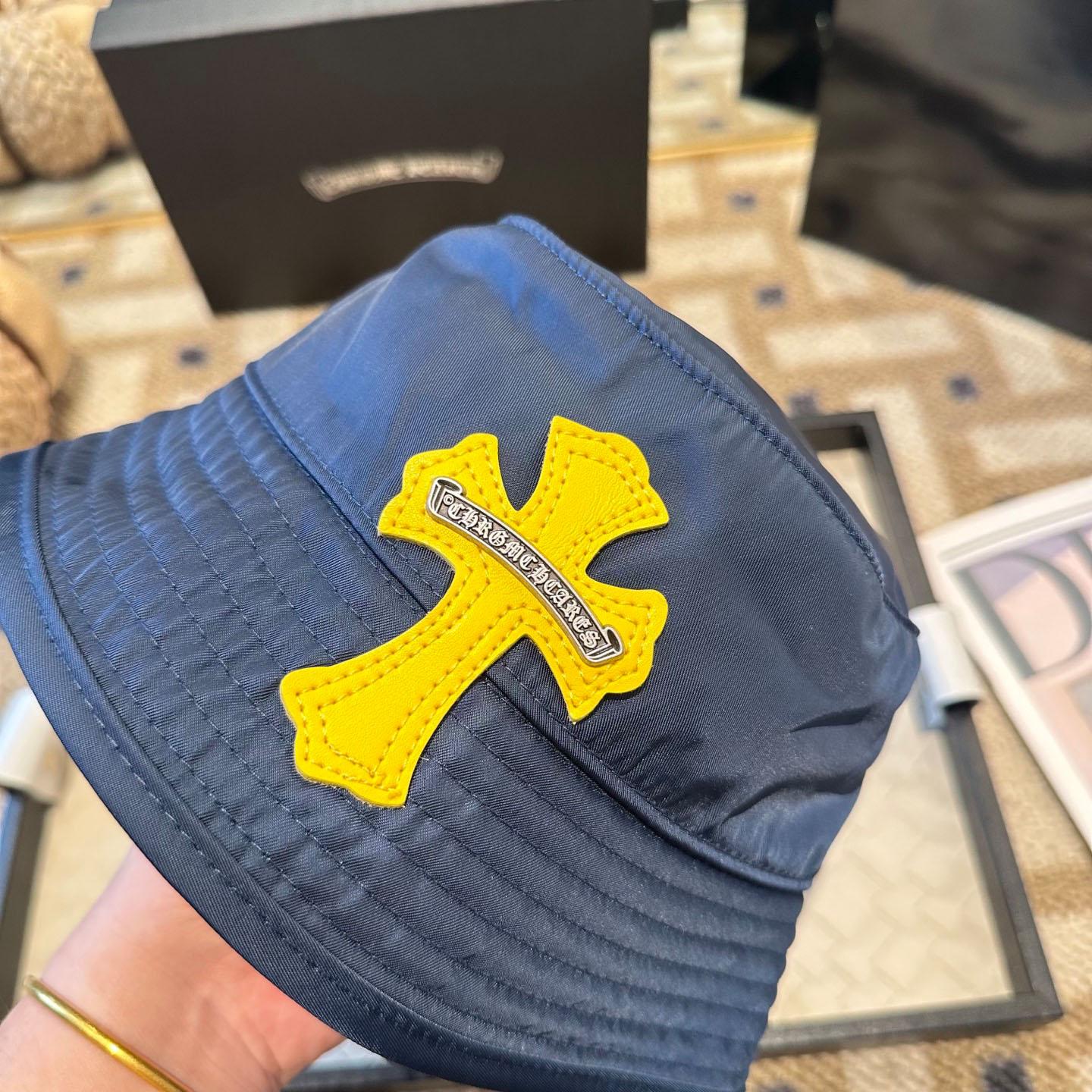 Chrome Heart Yellow Cross Nylon Navy Blue Fisherman Hat - FashionPlug