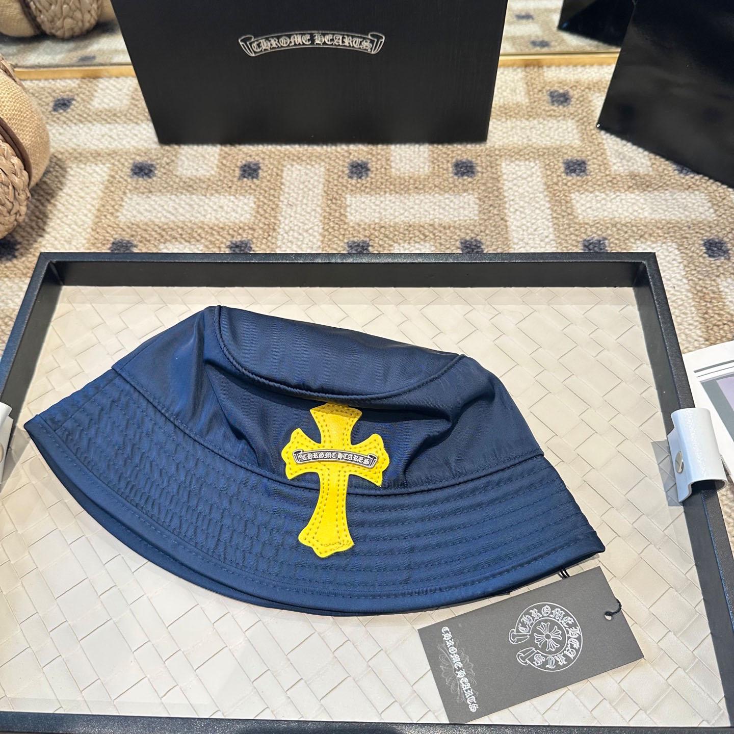 Chrome Heart Yellow Cross Nylon Navy Blue Fisherman Hat - FashionPlug