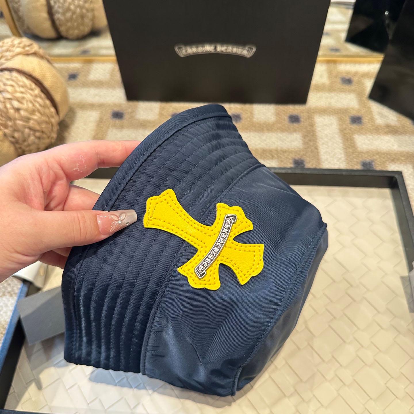 Chrome Heart Yellow Cross Nylon Navy Blue Fisherman Hat - FashionPlug
