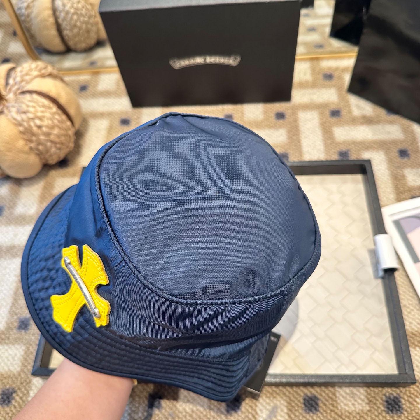 Chrome Heart Yellow Cross Nylon Navy Blue Fisherman Hat - FashionPlug