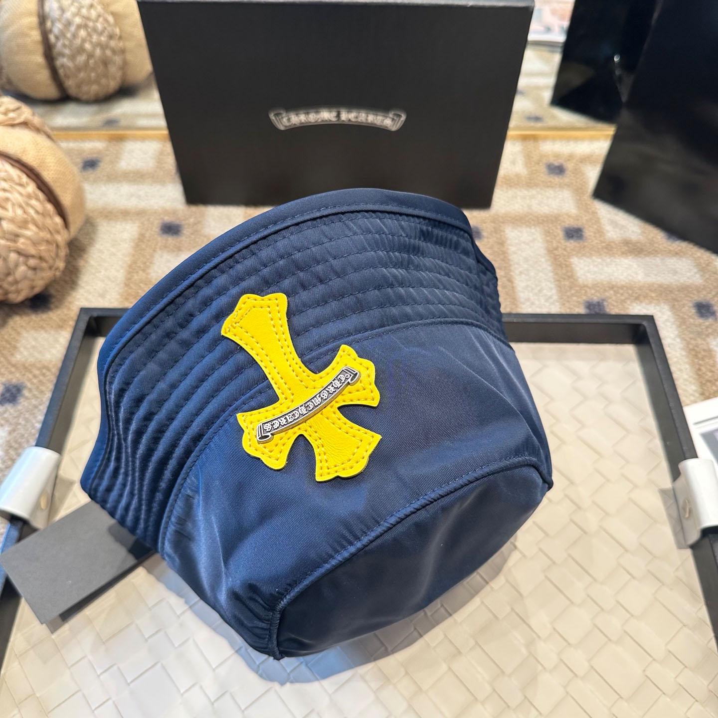 Chrome Heart Yellow Cross Nylon Navy Blue Fisherman Hat - FashionPlug