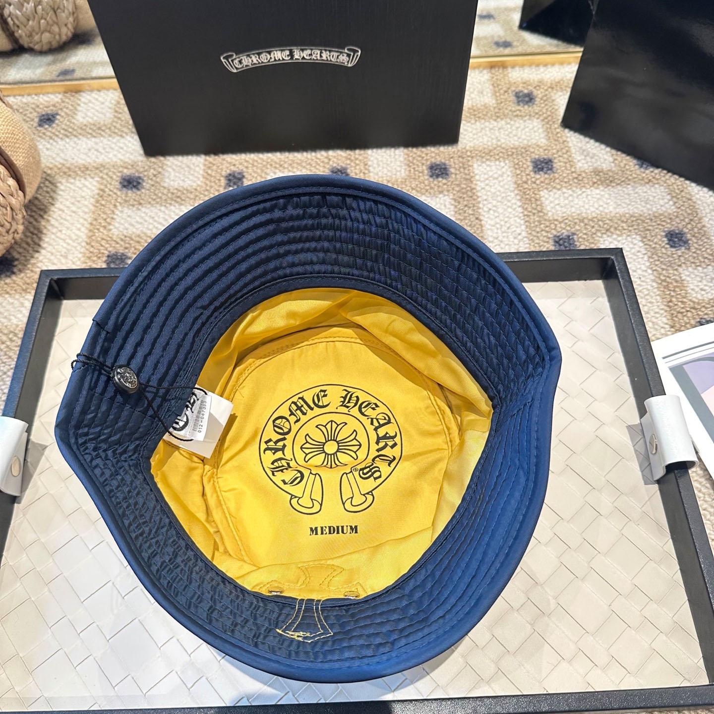 Chrome Heart Yellow Cross Nylon Navy Blue Fisherman Hat - FashionPlug