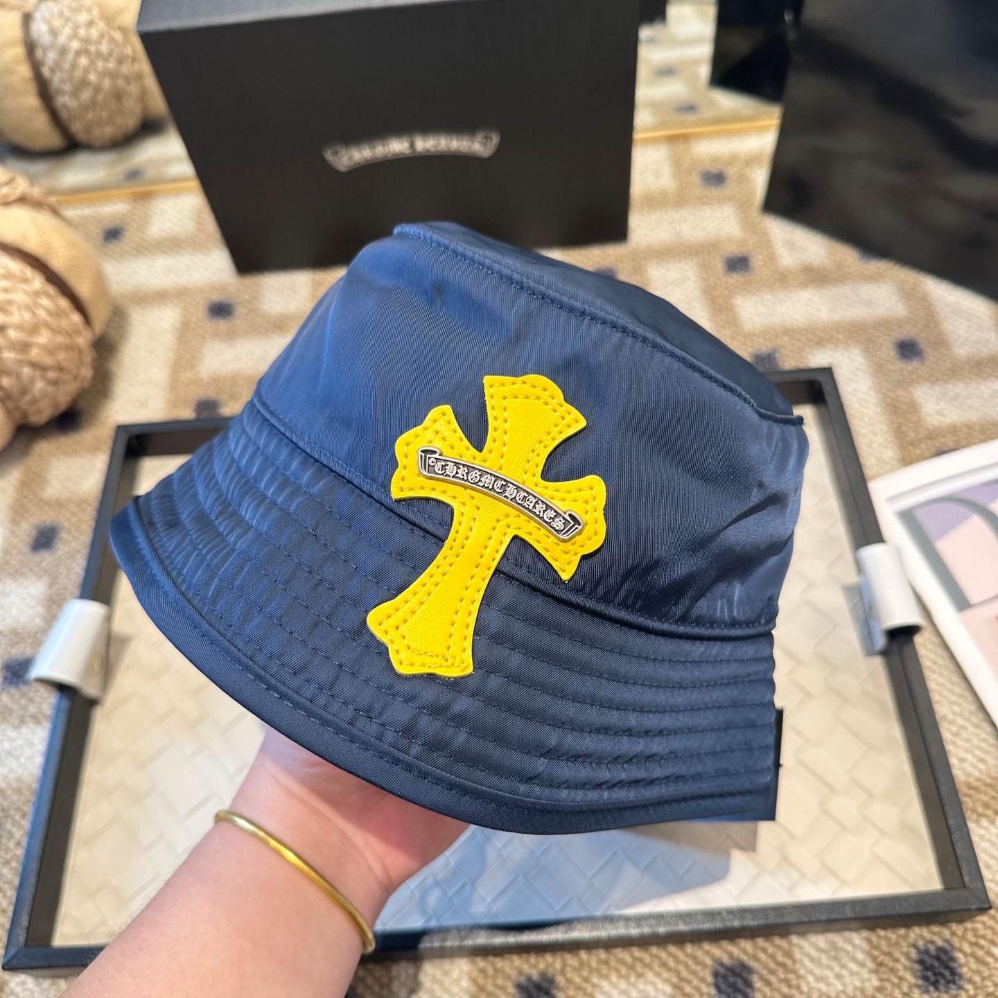 Chrome Heart Yellow Cross Nylon Navy Blue Fisherman Hat - FashionPlug