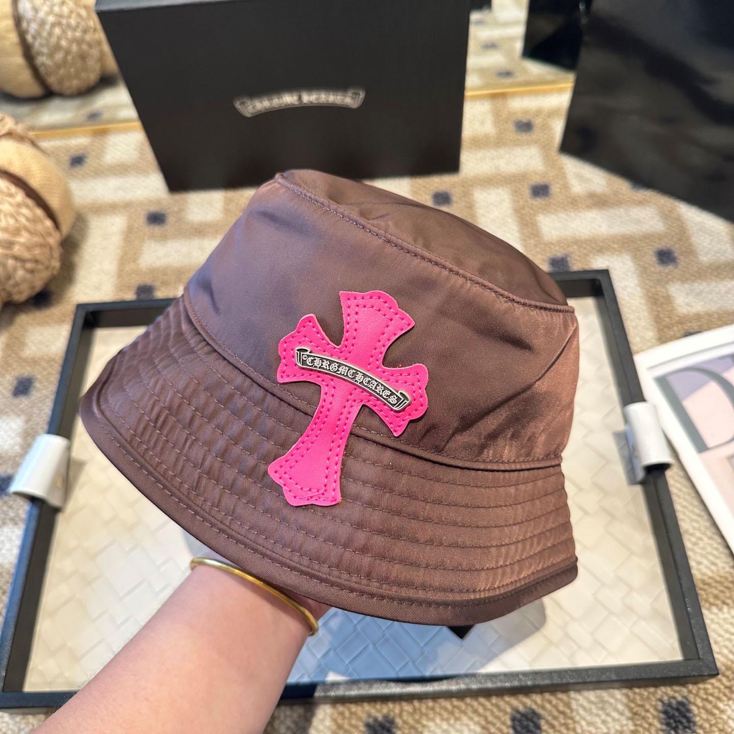Chrome Heart Pink Leather Cross Patch Brown Bucket Hat - FashionPlug