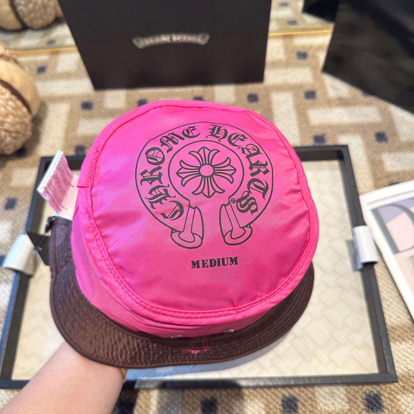 Chrome Heart Pink Leather Cross Patch Brown Bucket Hat - FashionPlug