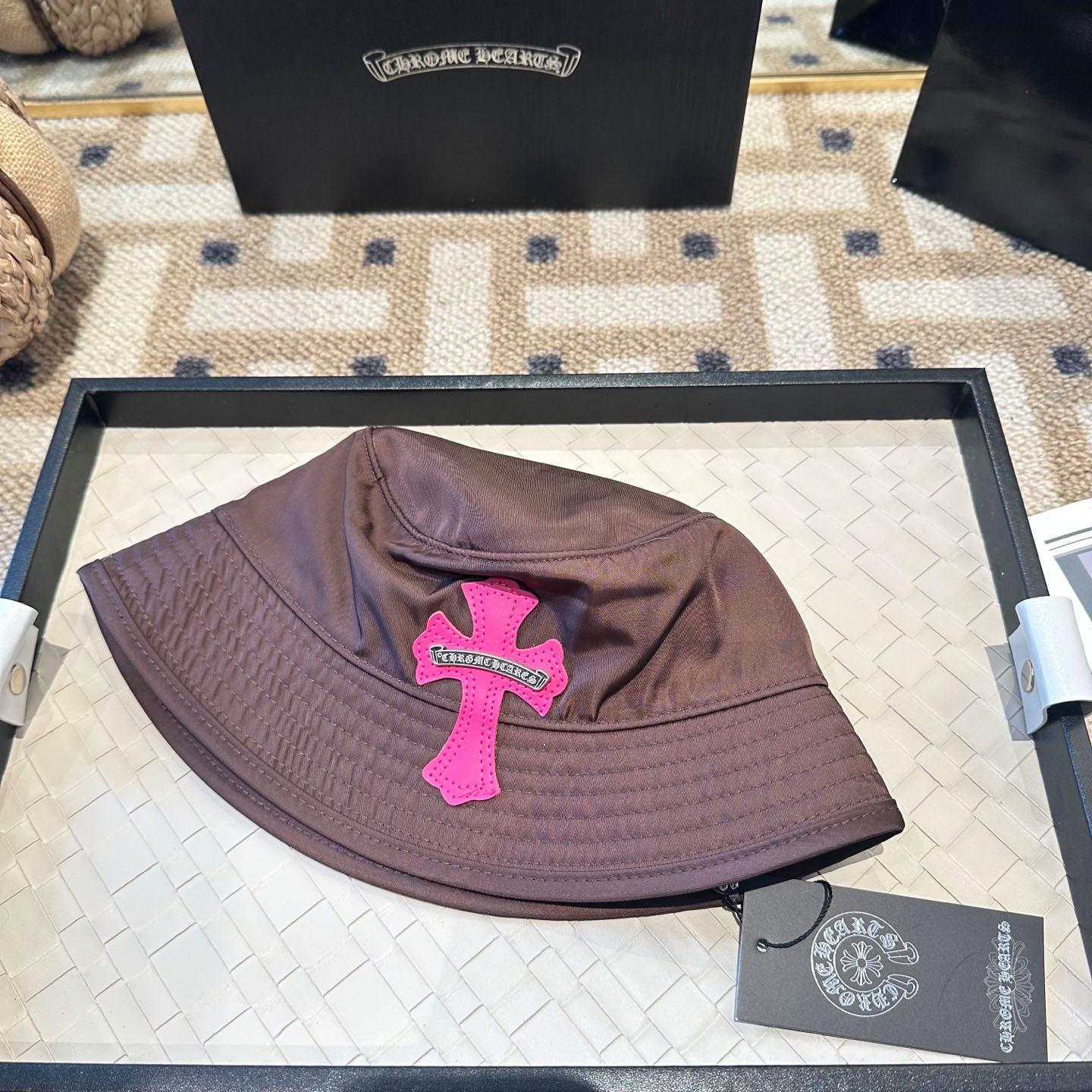 Chrome Heart Pink Leather Cross Patch Brown Bucket Hat - FashionPlug