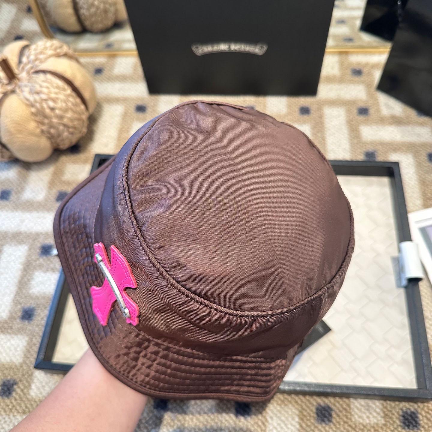 Chrome Heart Pink Leather Cross Patch Brown Bucket Hat - FashionPlug