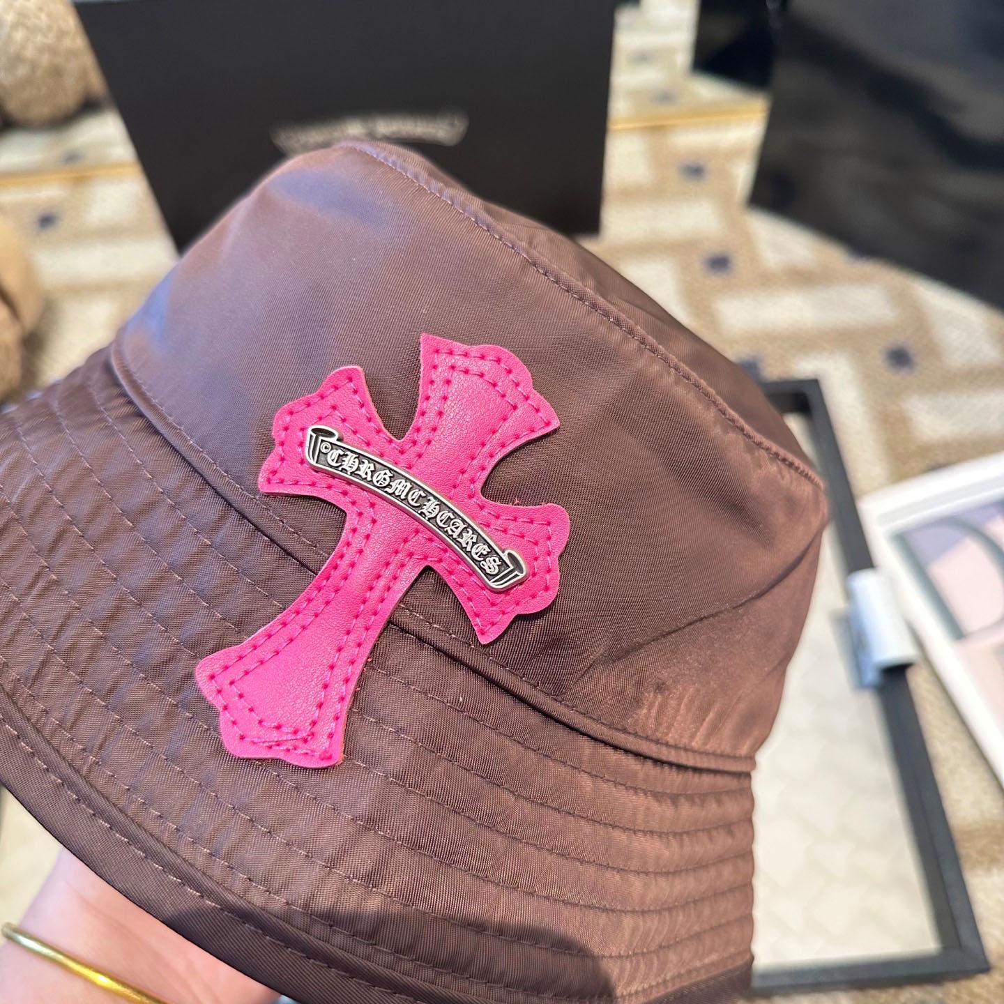 Chrome Heart Pink Leather Cross Patch Brown Bucket Hat - FashionPlug